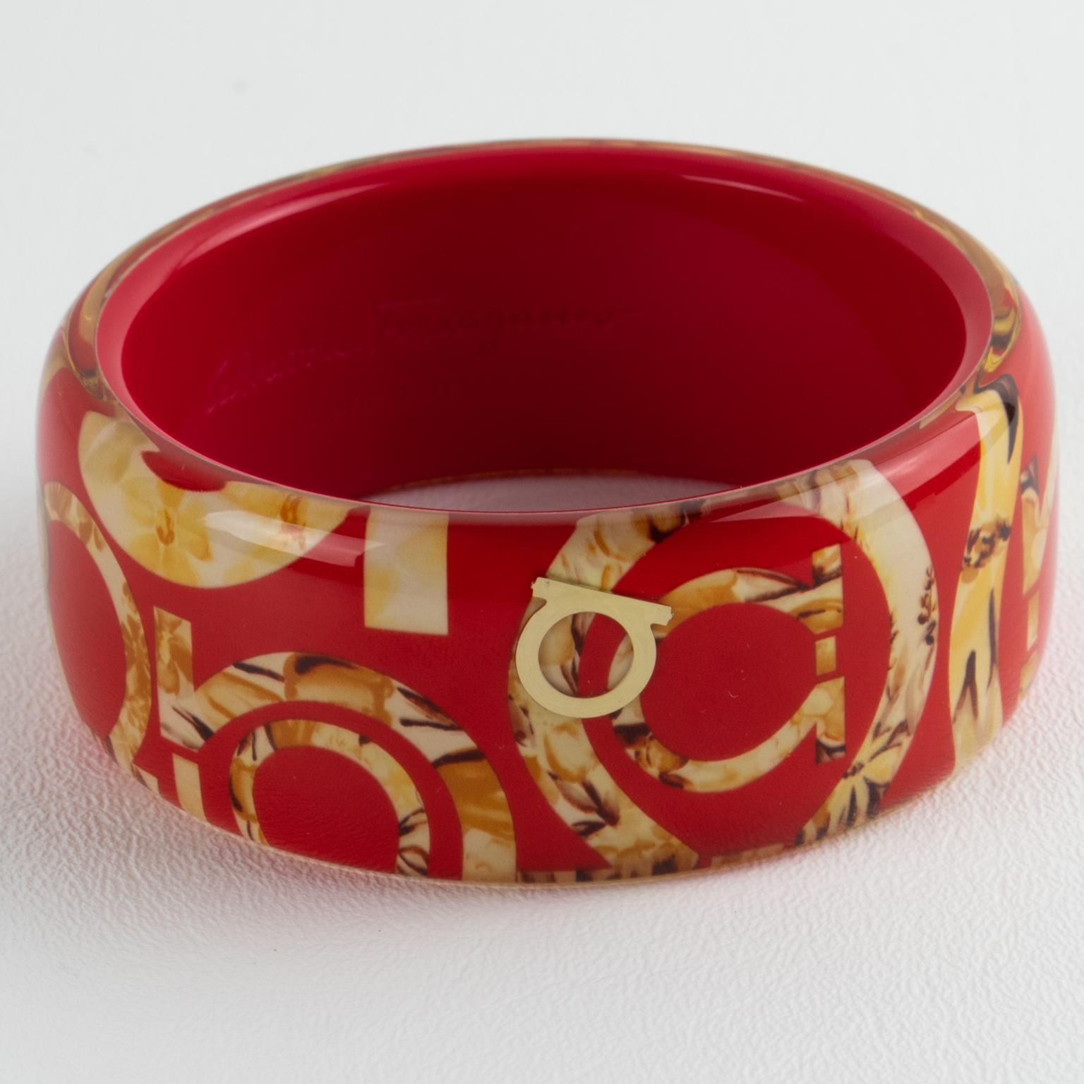 Salvatore Ferragamo Red Acrylic Lucite Bracelet Bangle with Faux-Wood Texture For Sale 6