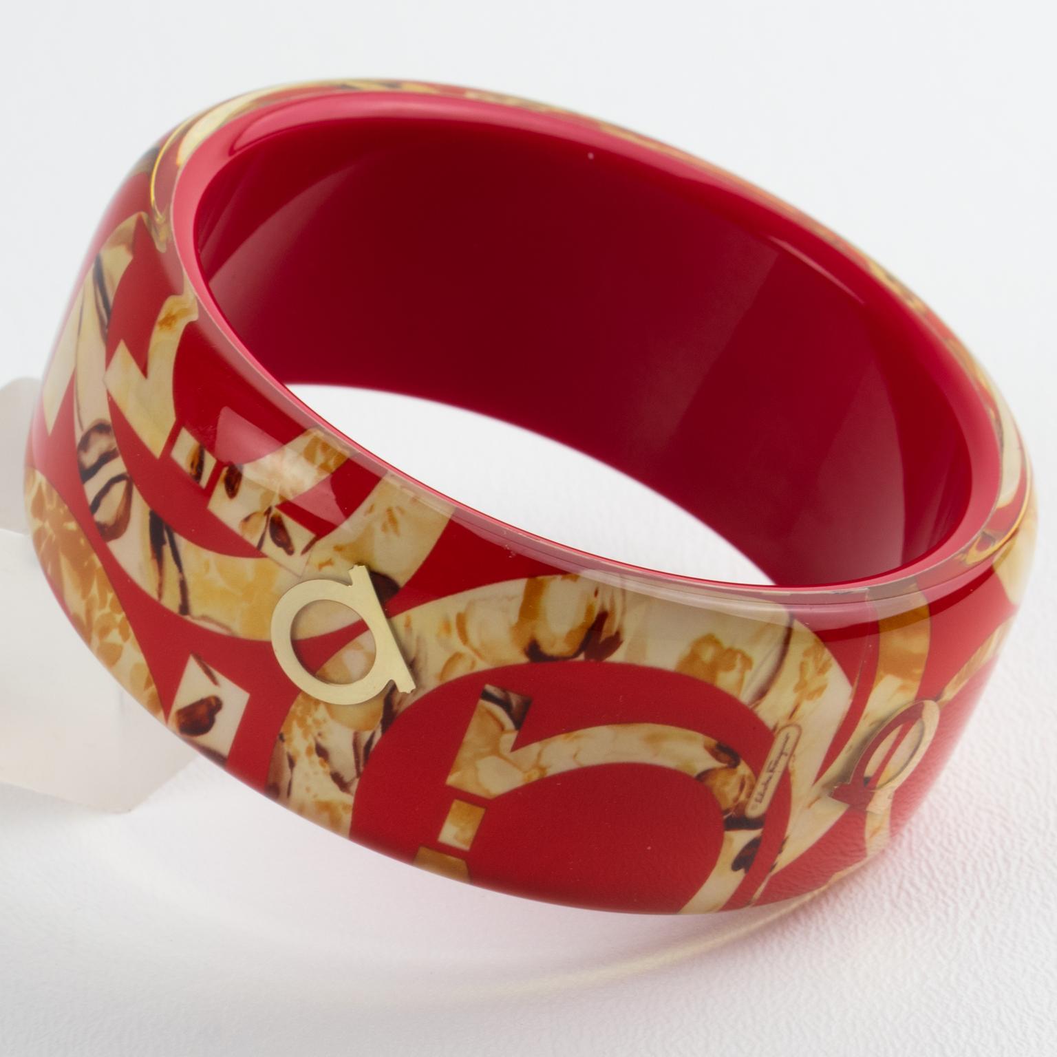 Modern Salvatore Ferragamo Red Acrylic Lucite Bracelet Bangle with Faux-Wood Texture For Sale
