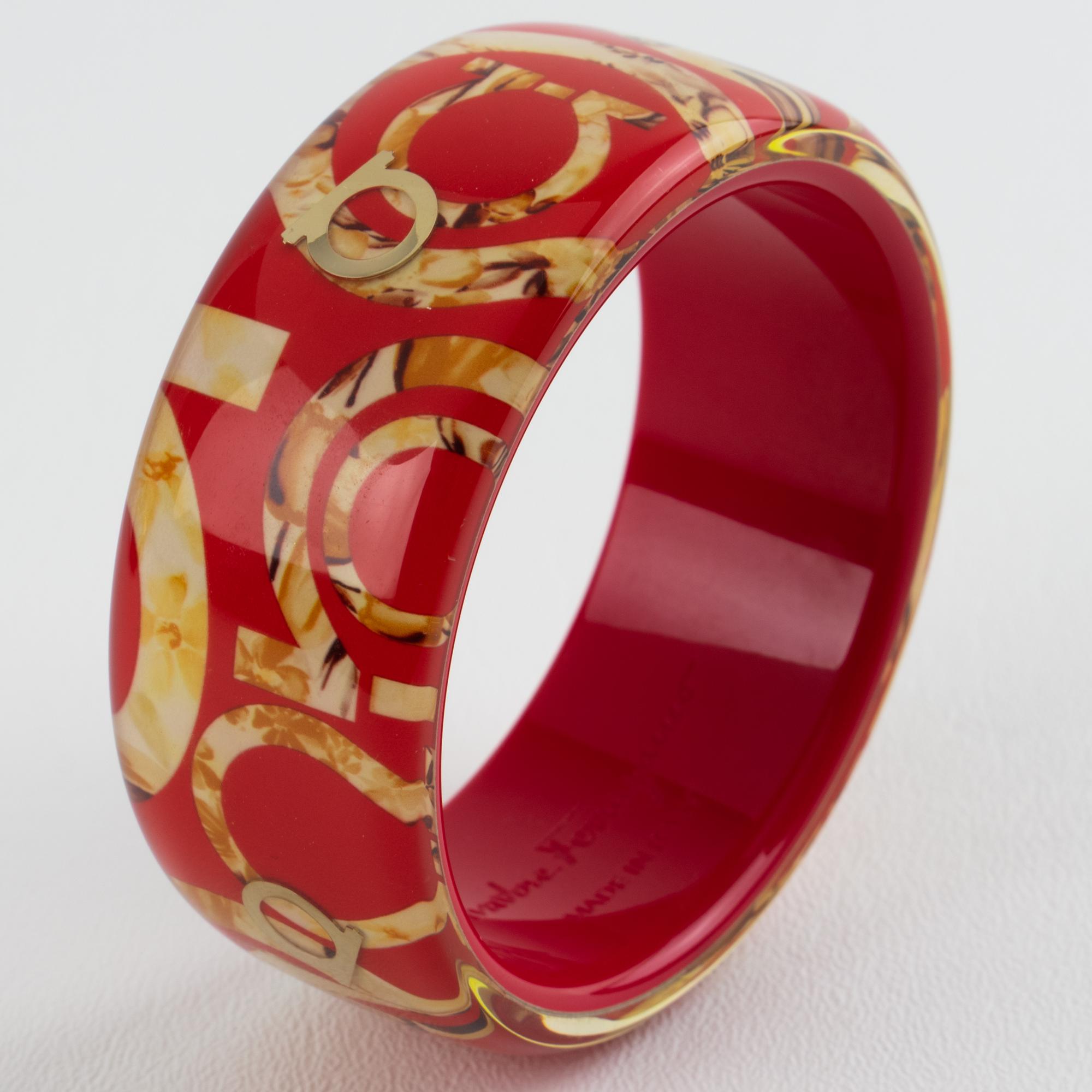 Women's or Men's Salvatore Ferragamo Red Acrylic Lucite Bracelet Bangle with Faux-Wood Texture For Sale