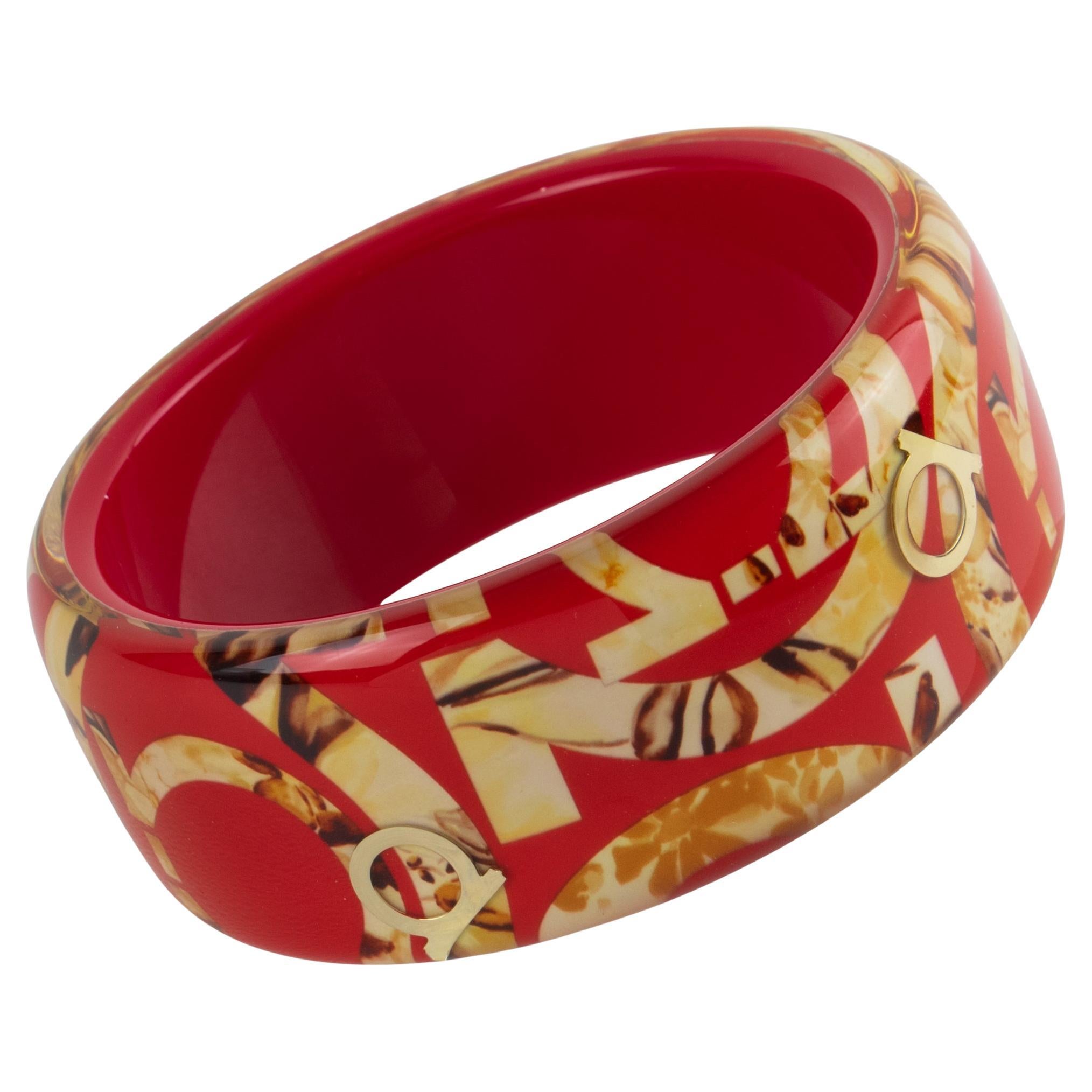 Salvatore Ferragamo Red Acrylic Lucite Bracelet Bangle with Faux-Wood Texture For Sale
