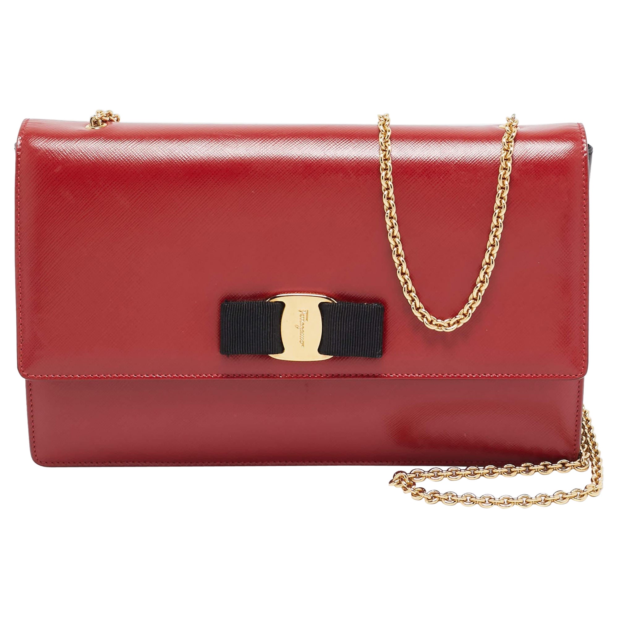 Salvatore Ferragamo Red/Black Leather Miss Vara Chain Shoulder Bag