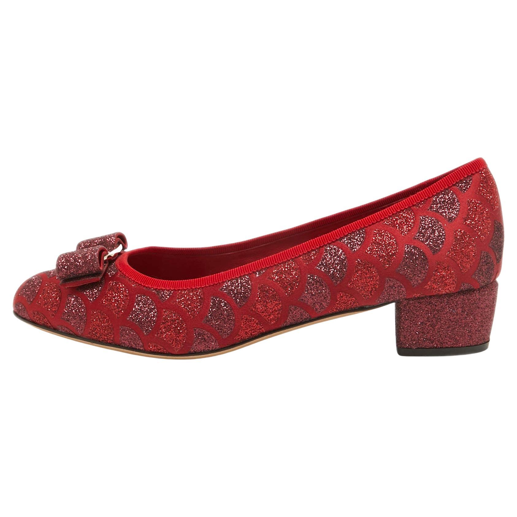 Salvatore Ferragamo Red Glitter Vera Bow Pumps Size 39