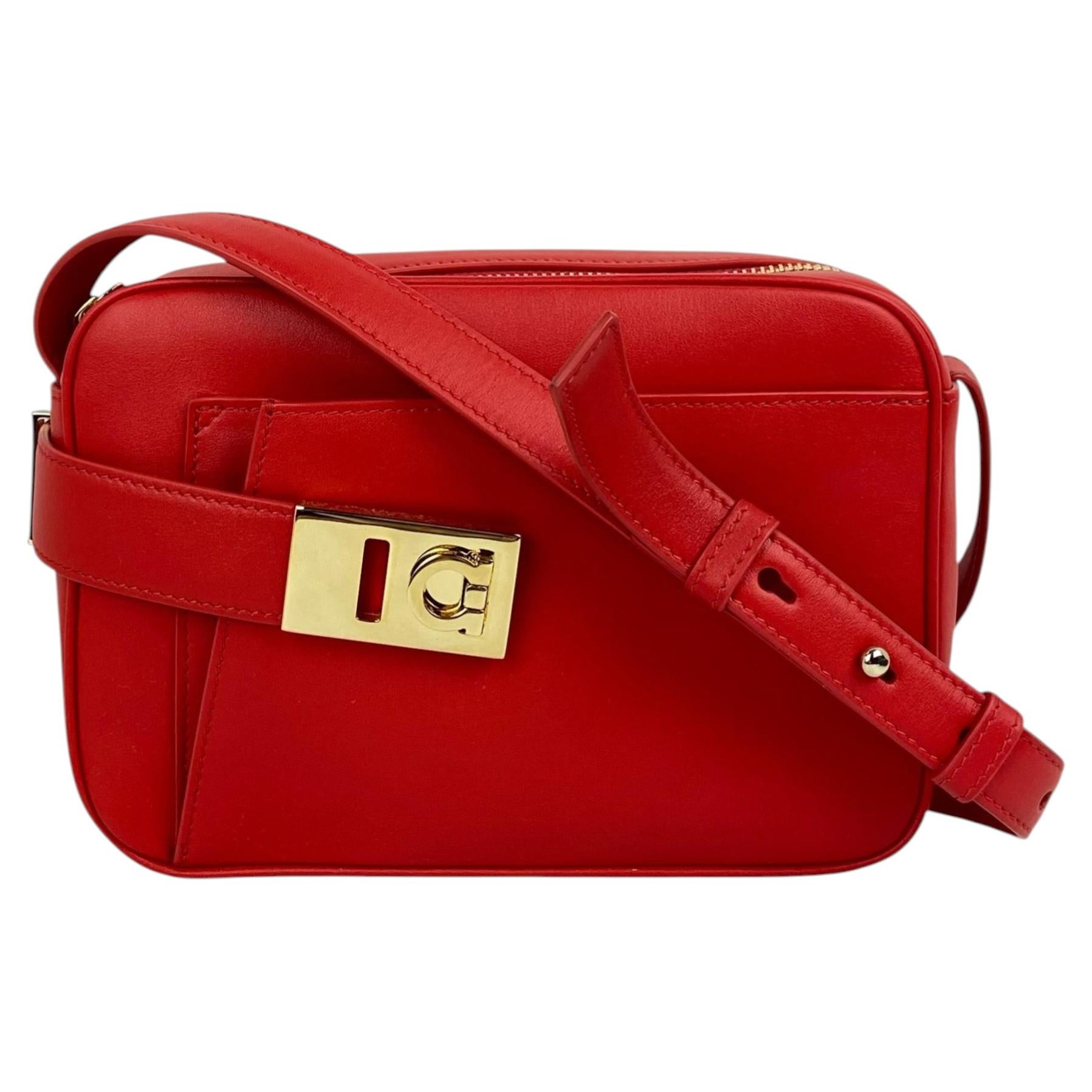 Salvatore Ferragamo Red Leather Archive Gancini Camera Crossbody Bag rt $1690