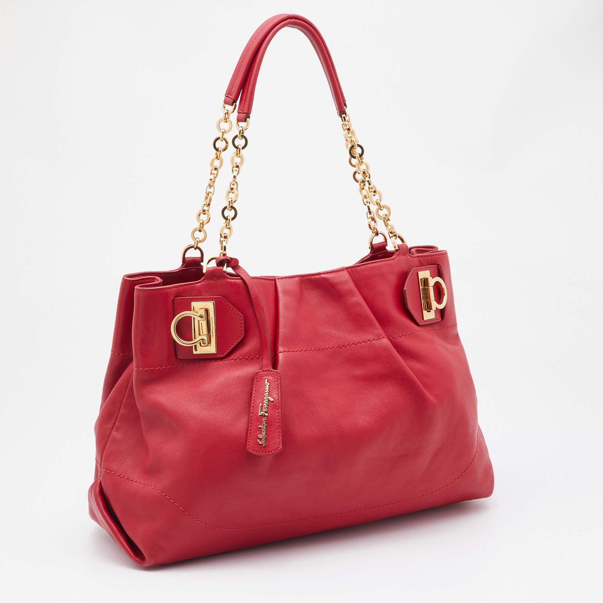 Women's Salvatore Ferragamo Red Leather Gancini Chain Tote