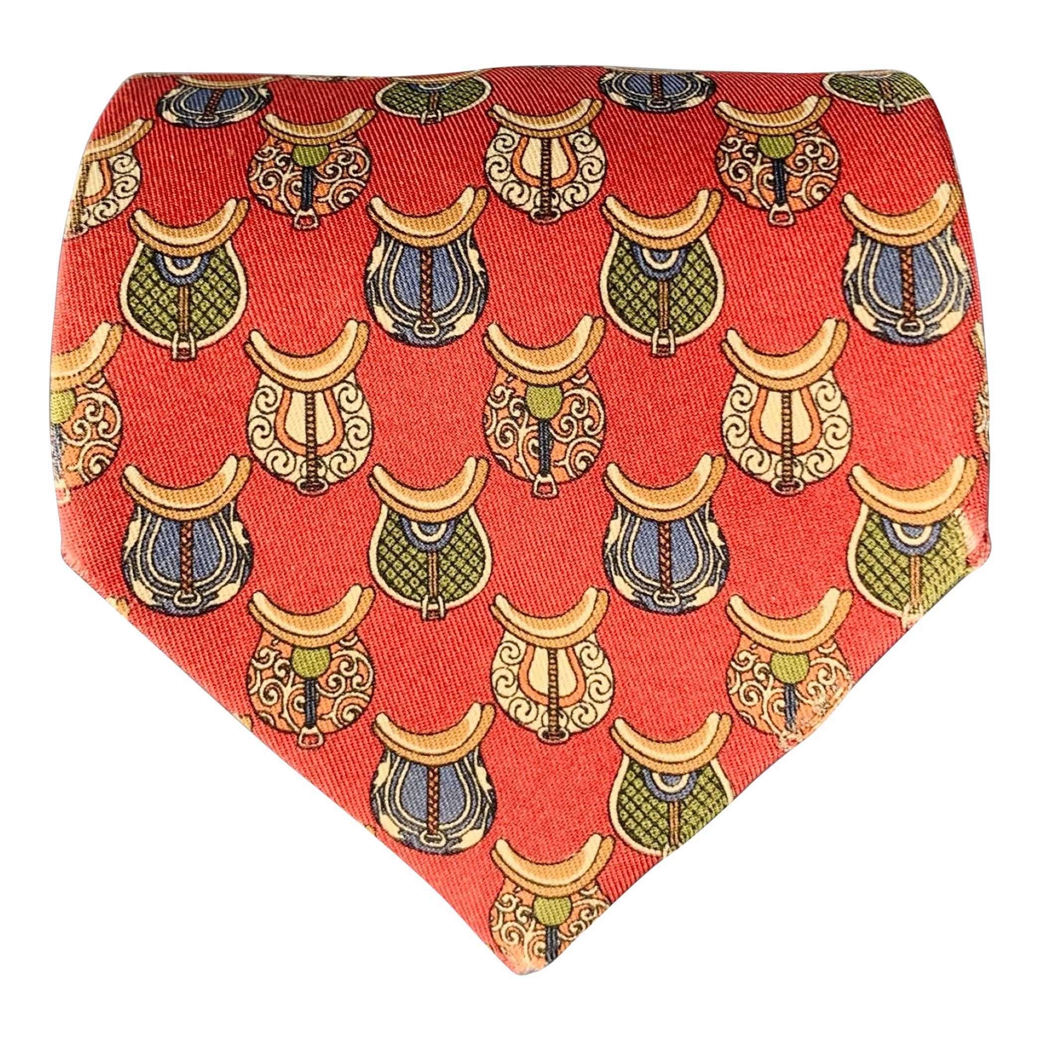 SALVATORE FERRAGAMO Red Multi Color Equestrian Silk Tie im Angebot