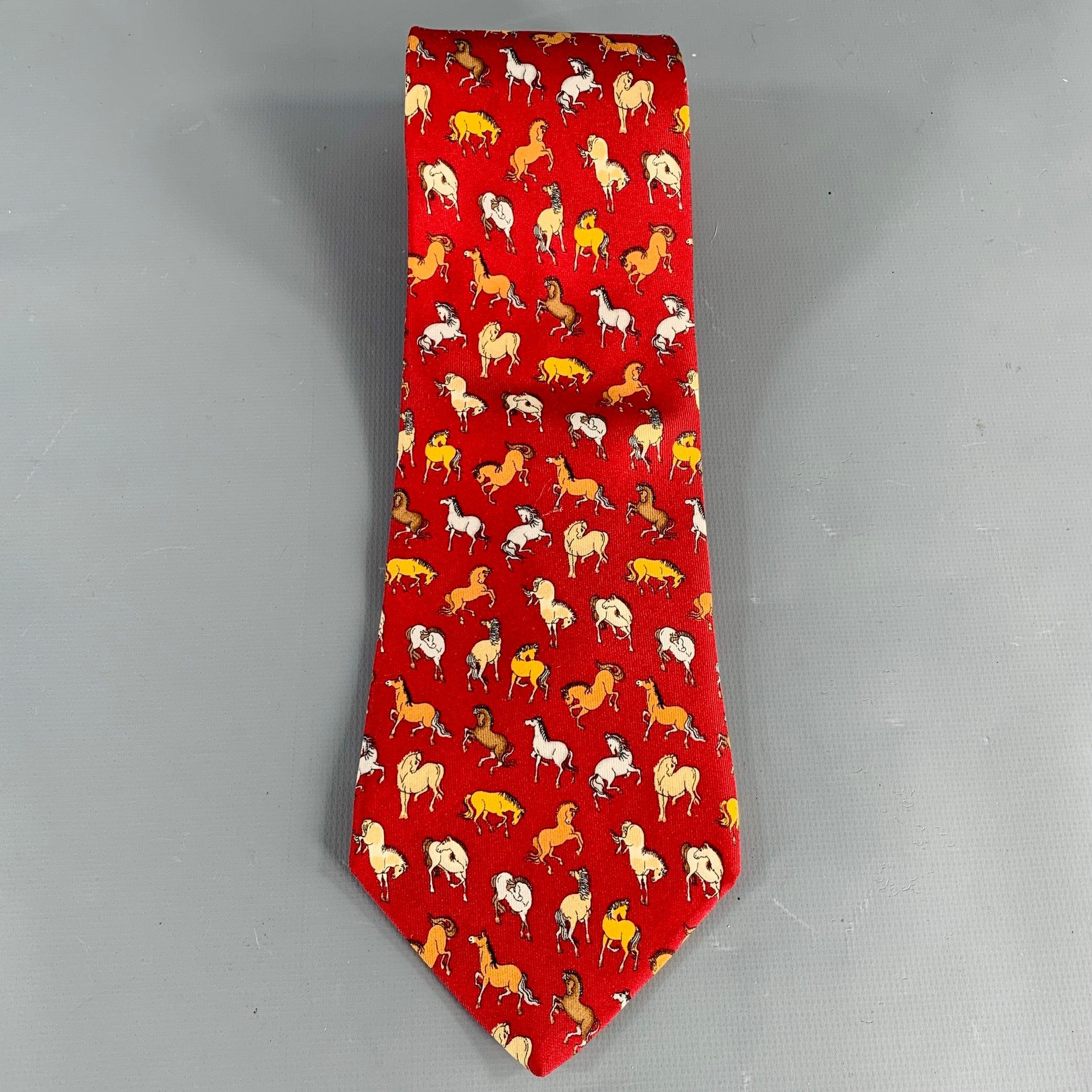 SALVATORE FERRAGAMO Red Orange Yellow Horses Silk Tie In Excellent Condition In San Francisco, CA