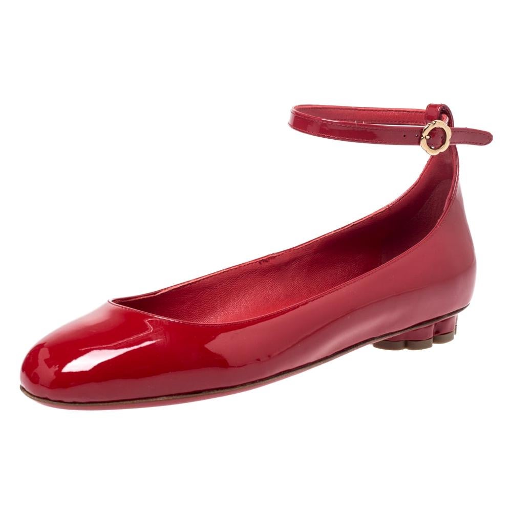 Salvatore Ferragamo Red Patent Leather Cefalu Ankle Strap Ballet 