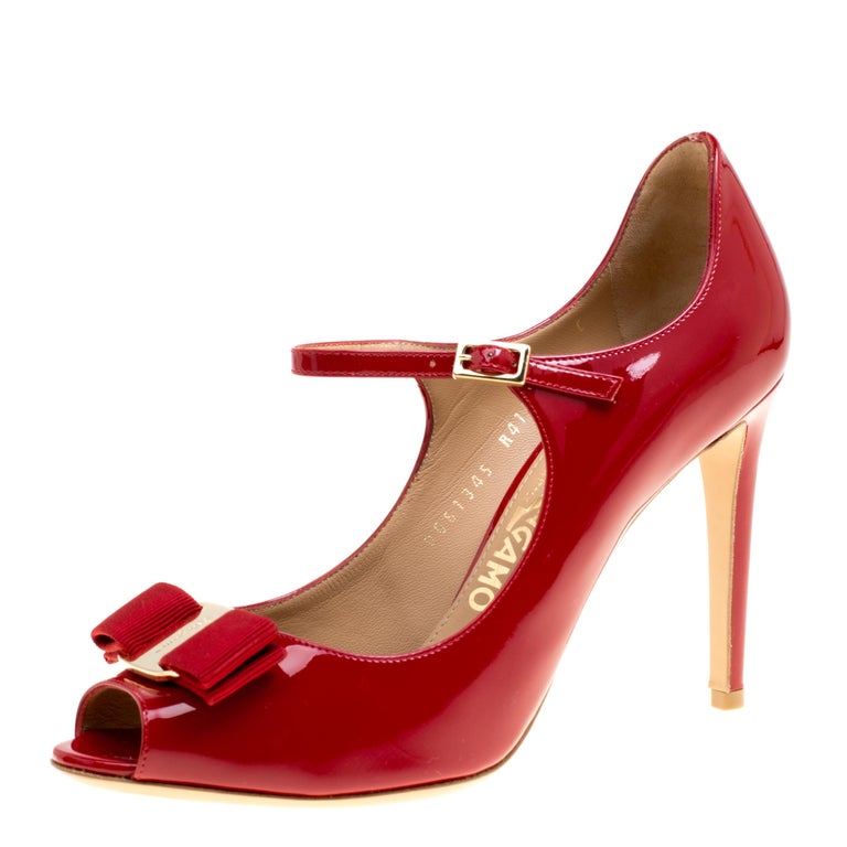 Salvatore Ferragamo Red Patent Leather Mood Vara Bow Peep Toe Mary Jane  Pumps For Sale at 1stDibs
