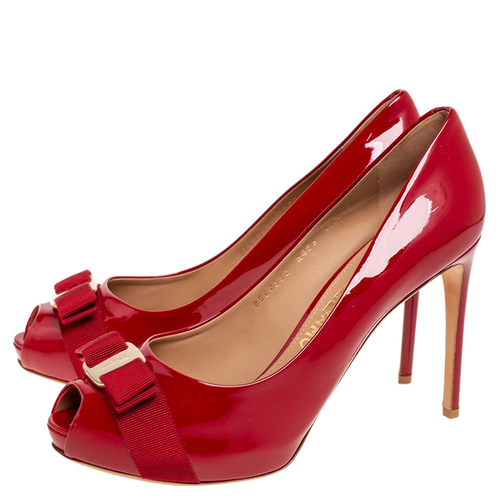 Salvatore Ferragamo Red Patent Leather Vara Bow Peep-Toe Pumps Size 41 1