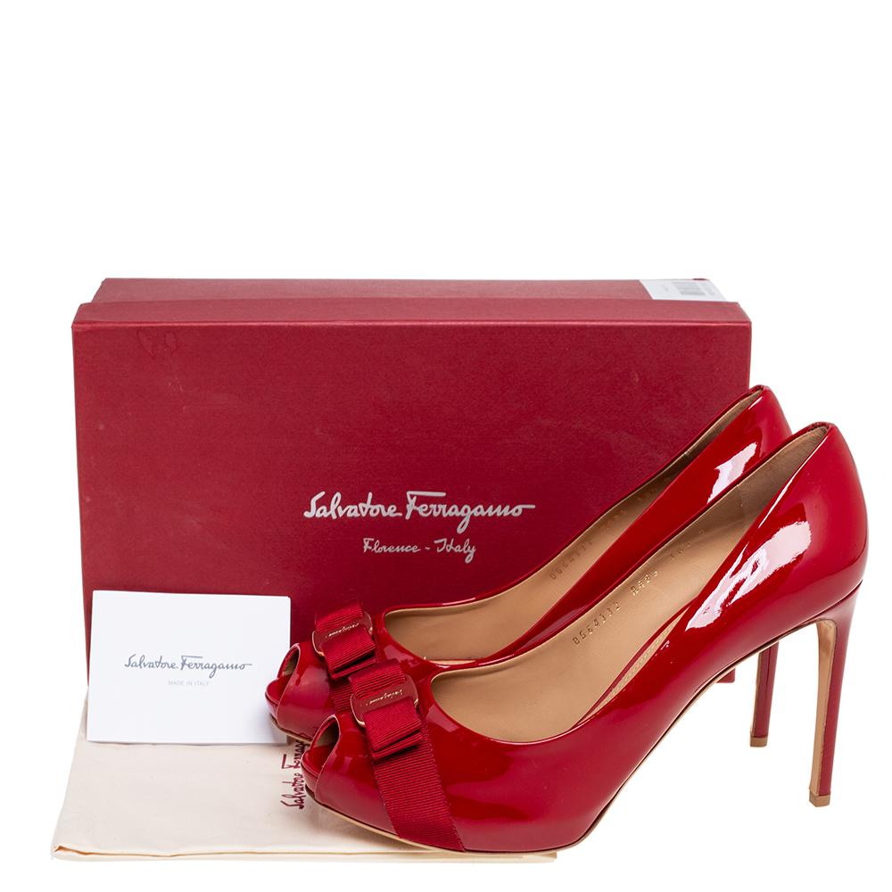 Salvatore Ferragamo Red Patent Leather Vara Bow Peep-Toe Pumps Size 41 2