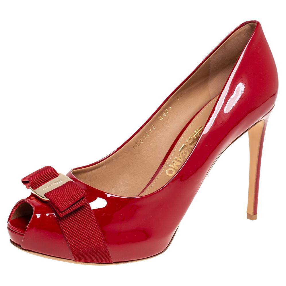 Salvatore Ferragamo Red Patent Leather Vara Bow Peep-Toe Pumps Size 41