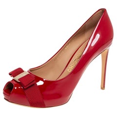 Salvatore Ferragamo Red Patent Leather Vara Bow Peep-Toe Pumps Size 41