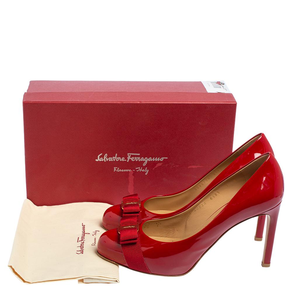Women's Salvatore Ferragamo Red Patent Leather Vara Bow Pumps Size 39.5