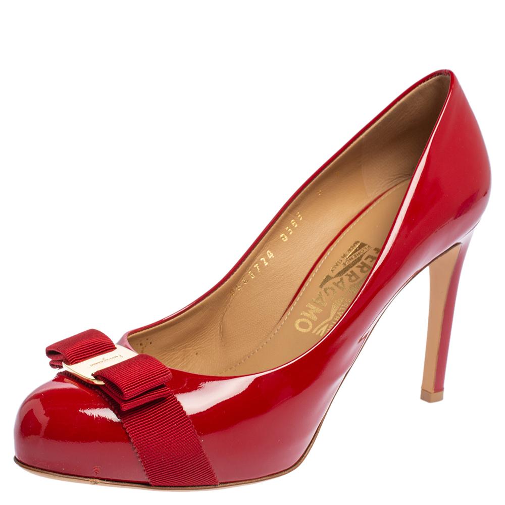 Salvatore Ferragamo Red Patent Leather Vara Bow Pumps Size 39.5 1
