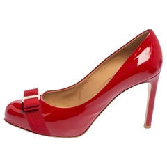 Salvatore Ferragamo Red Patent Leather Vara Bow Pumps Size 39.5