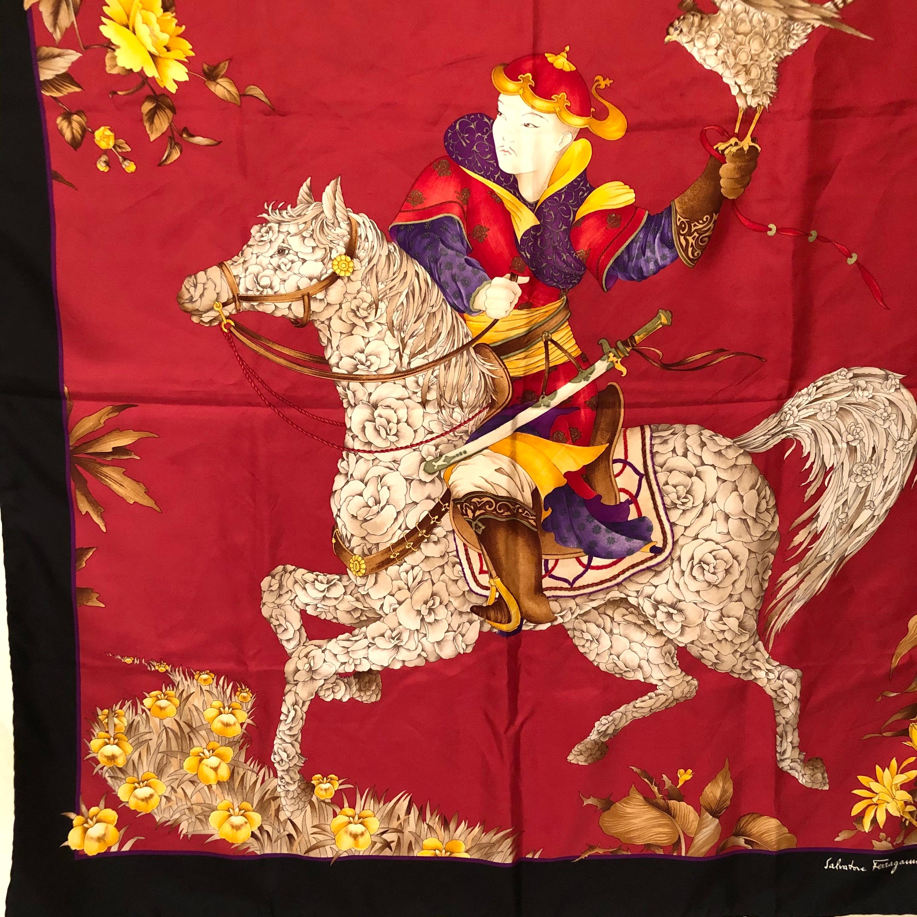 Other Salvatore Ferragamo Red Silk Scarf with a Stunning Design of a Man on a Horse