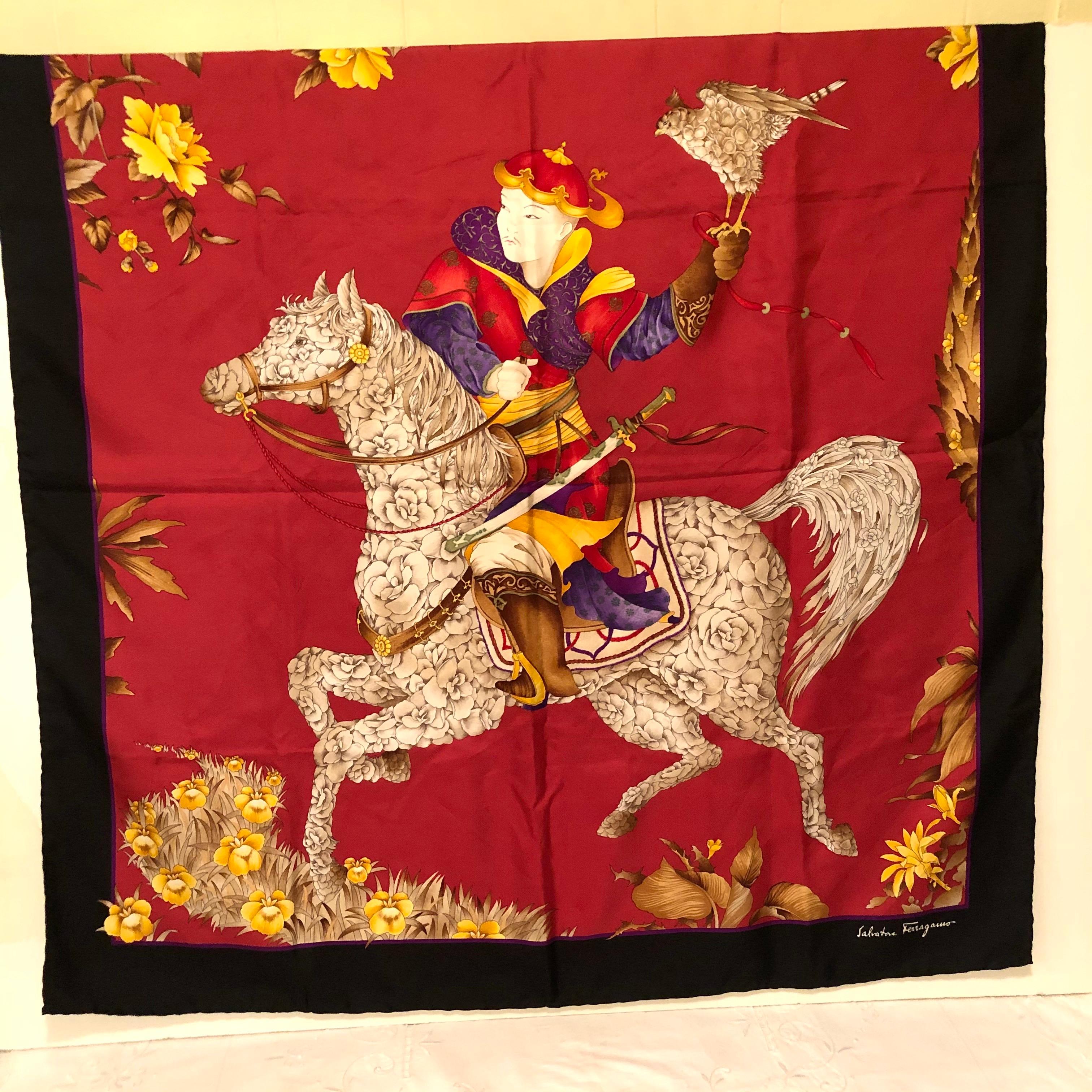 Italian Salvatore Ferragamo Red Silk Scarf with a Stunning Design of a Man on a Horse