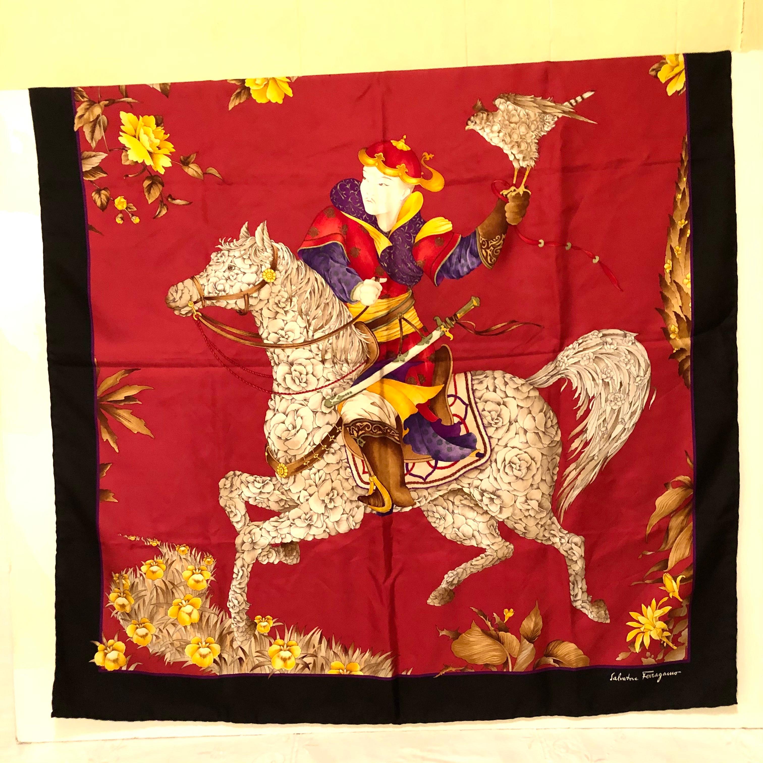 Contemporary Salvatore Ferragamo Red Silk Scarf with a Stunning Design of a Man on a Horse