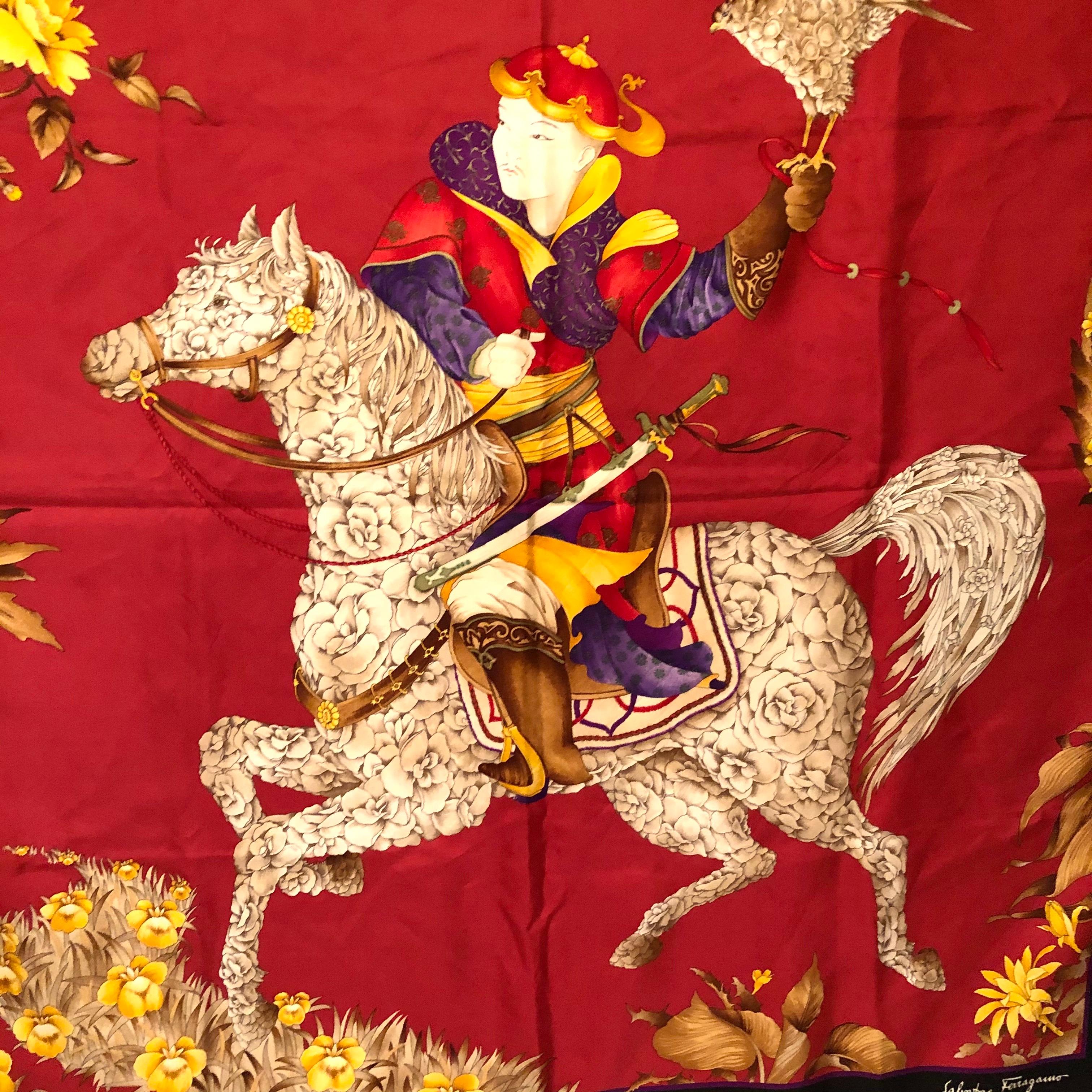 Salvatore Ferragamo Red Silk Scarf with a Stunning Design of a Man on a Horse 2