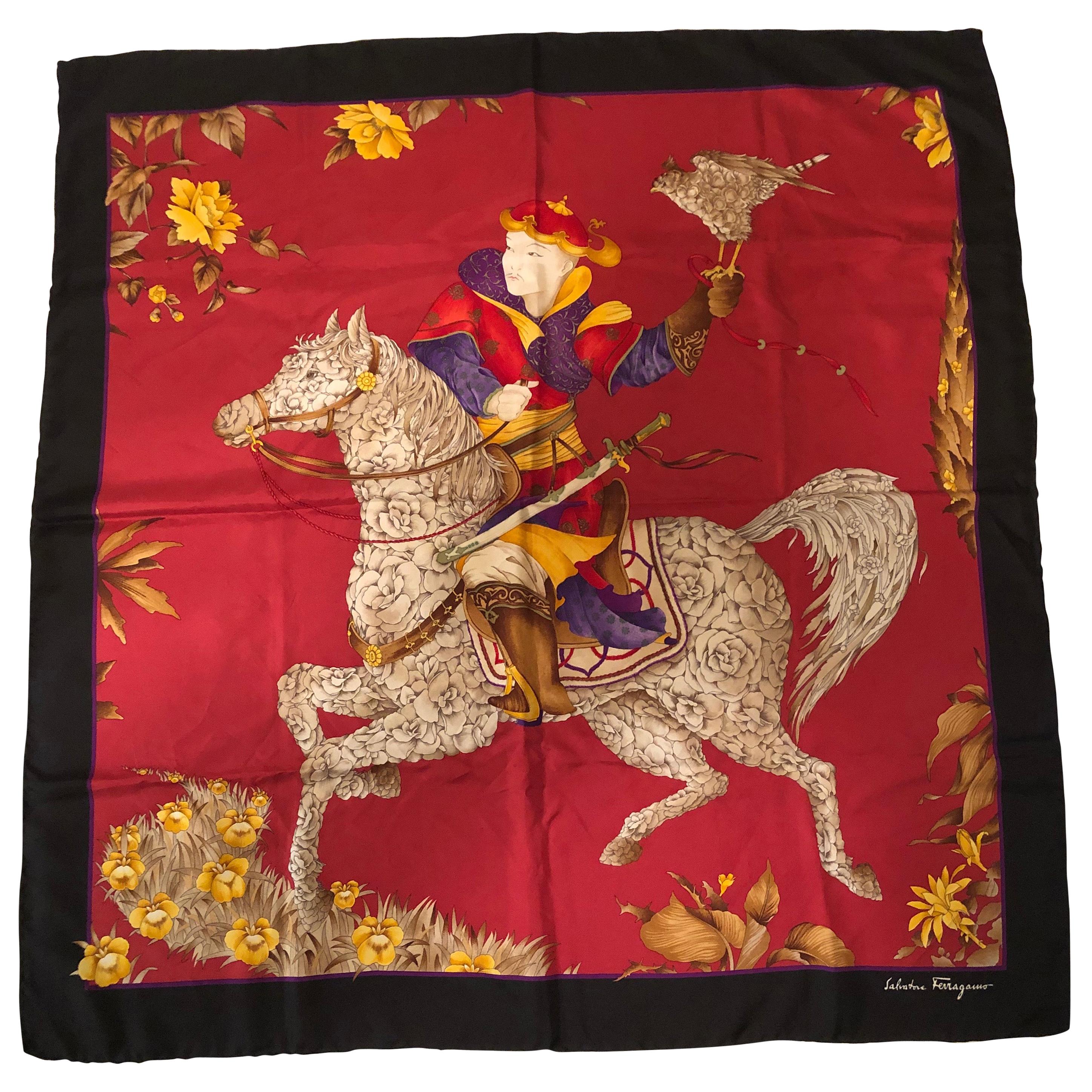 Salvatore Ferragamo Red Silk Scarf with a Stunning Design of a Man on a Horse