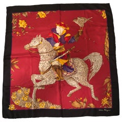 Foulard en soie rouge Salvatore Ferragamo avec un étonnant dessin d'un homme sur un cheval
