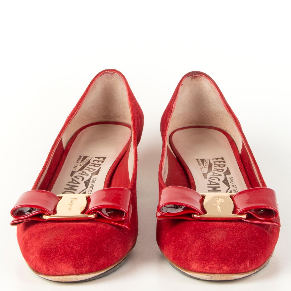 100% authentic Salvatorre Ferragamo 'Vara' low-heel pumps in red suede leather with signature patent leather bow and heel. Have been worn and are in excellent condition.

Measurements
Imprinted Size	36 (run large)
Shoe Size	36.5
Inside Sole	23.5cm