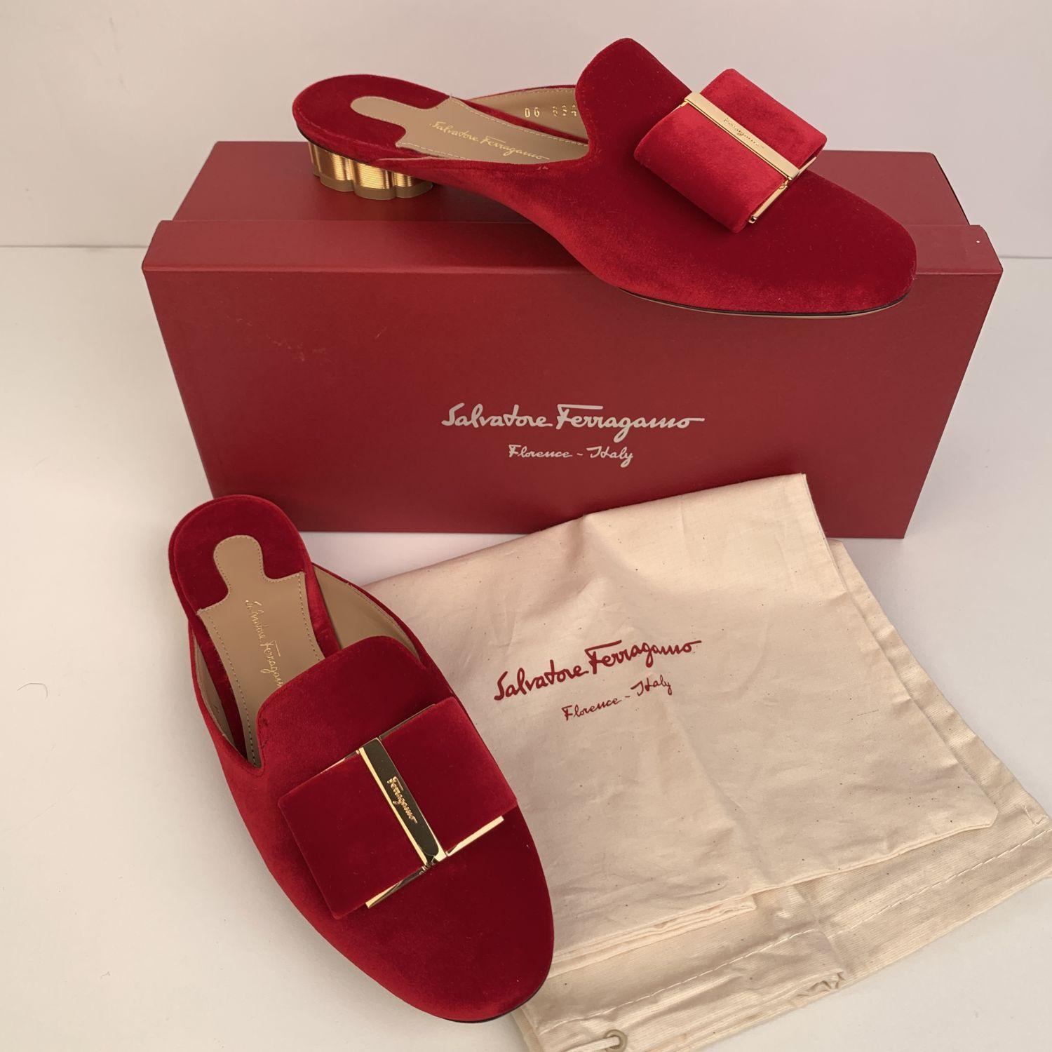 Women's Salvatore Ferragamo Red Velvet Sciacca T Mules Shoes Size 7D 37.5D