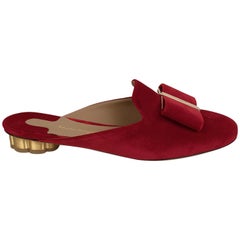 Salvatore Ferragamo Red Velvet Sciacca T Mules Shoes Size 7D 37.5D