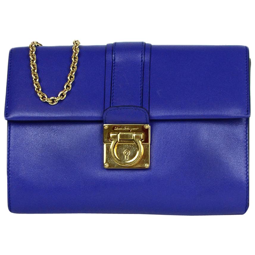 Salvatore Ferragamo Royal Blue Leather Gancini Flap Bag w/ Chain Strap