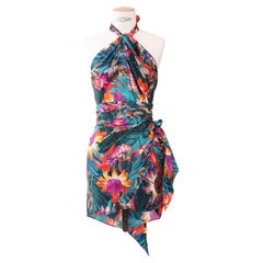 Mini robe de campagne S/S 12 en soie florale sarcelle, dos nu, Salvatore Ferragamo