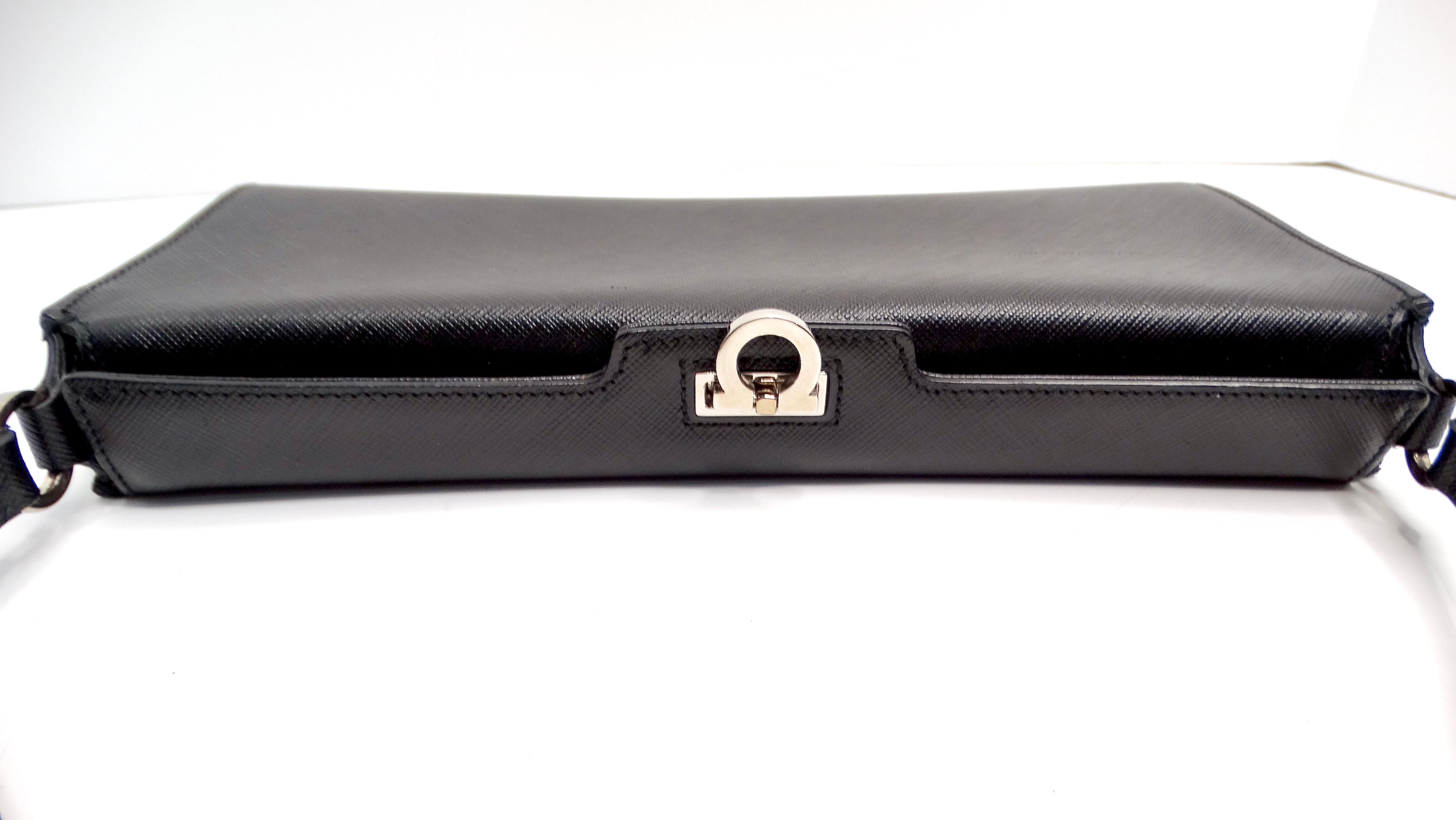 Women's Salvatore Ferragamo Saffiano Black Leather Shoulder Bag For Sale
