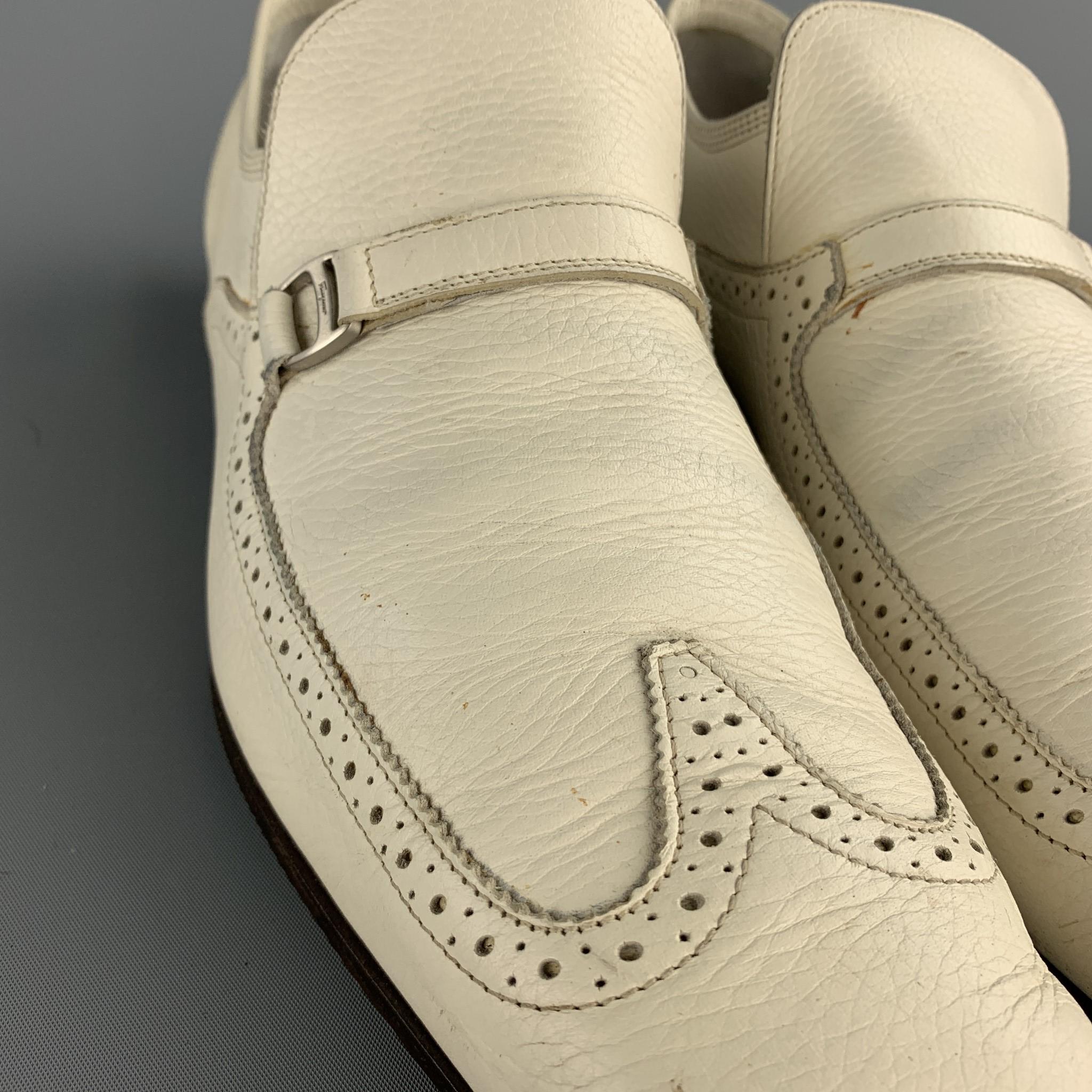 SALVATORE FERRAGAMO Sammy Size 11 Ivory Perforated Leather Slip On Loafers In Fair Condition In San Francisco, CA