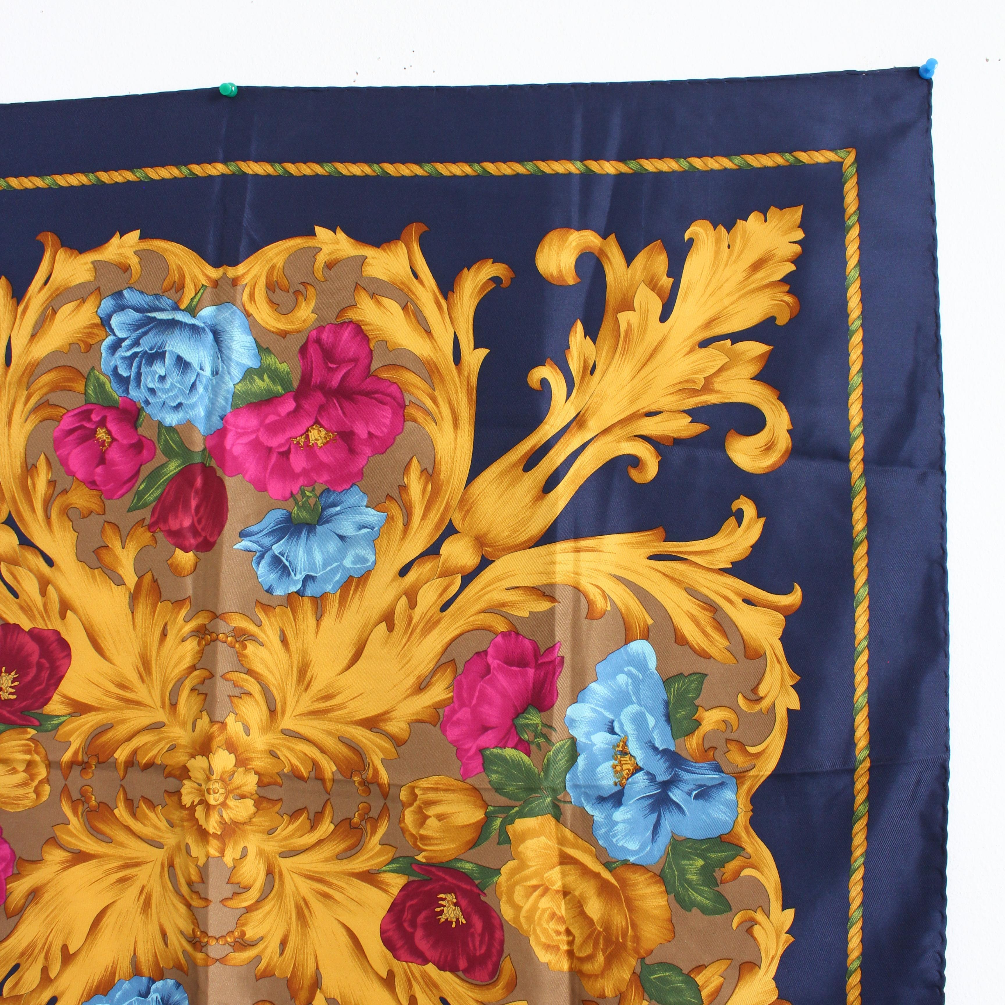 Salvatore Ferragamo Scarf Shawl Large Silk Baroque Floral Print 35in Vintage For Sale 2