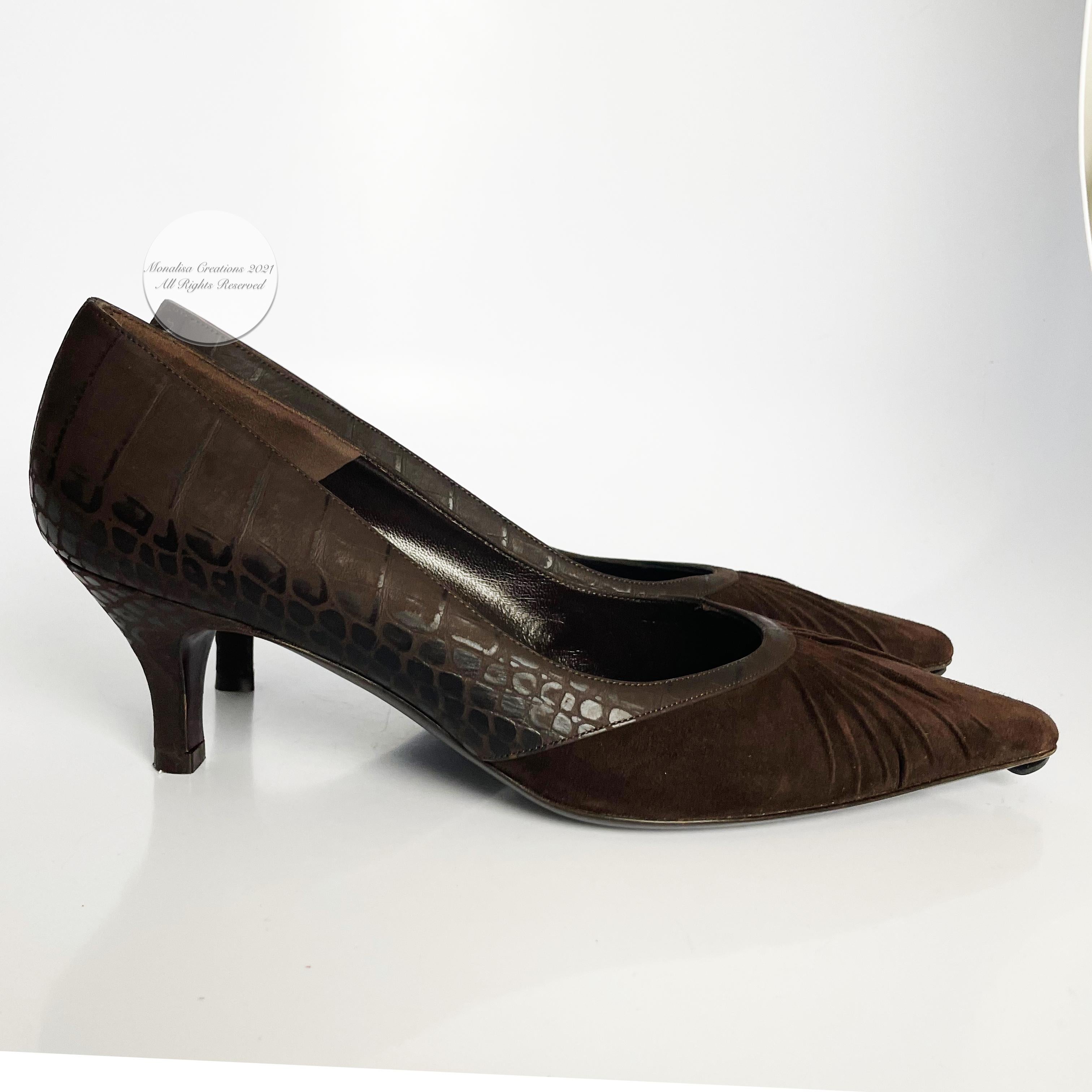 smart shoe pumps 80s 70s art deco low heel Vintage brown Italian leather kitten heels with decorative buckle suede bow