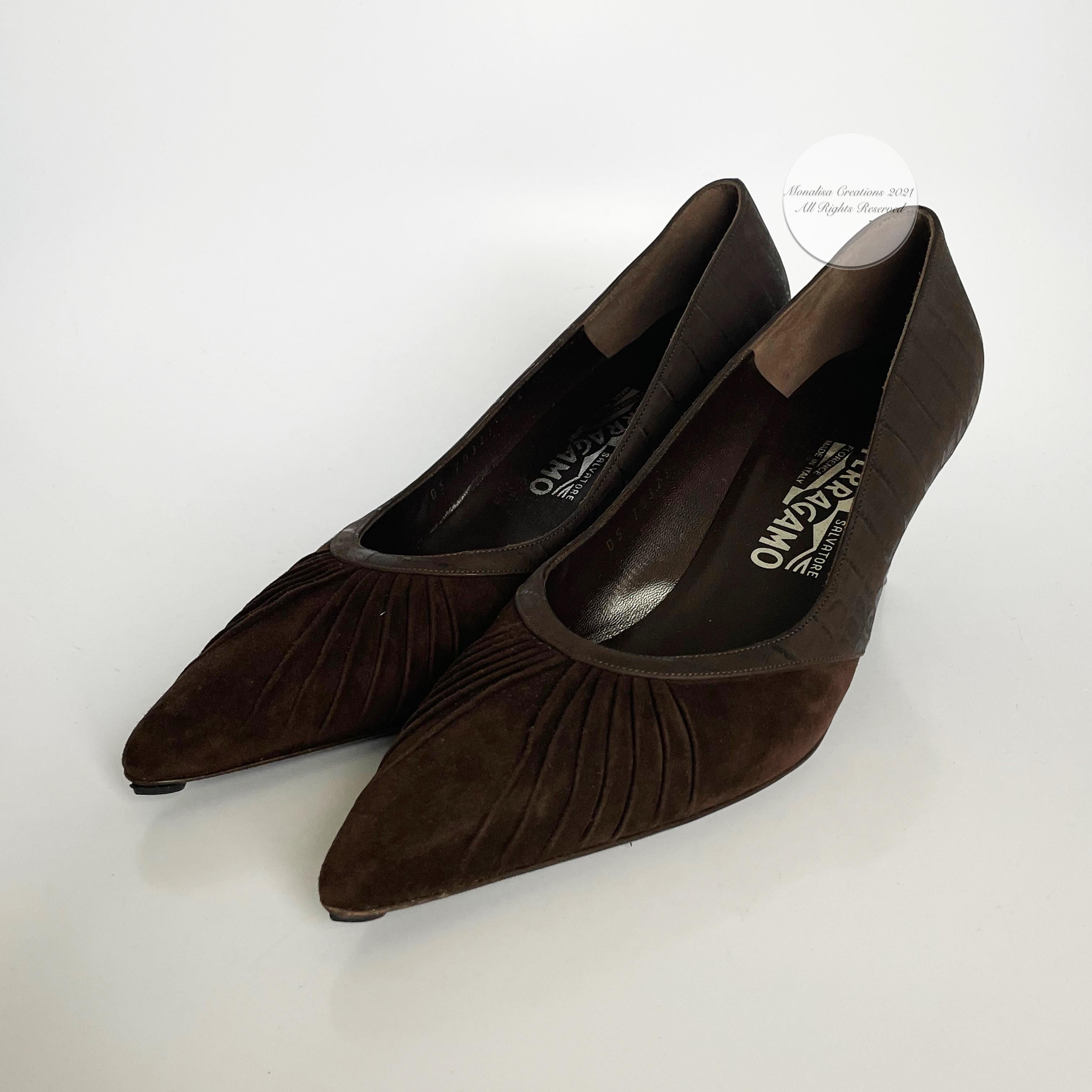 Black Salvatore Ferragamo Shoes Kitten Heels Suede Croco Stamp 7.5M Vintage 90s