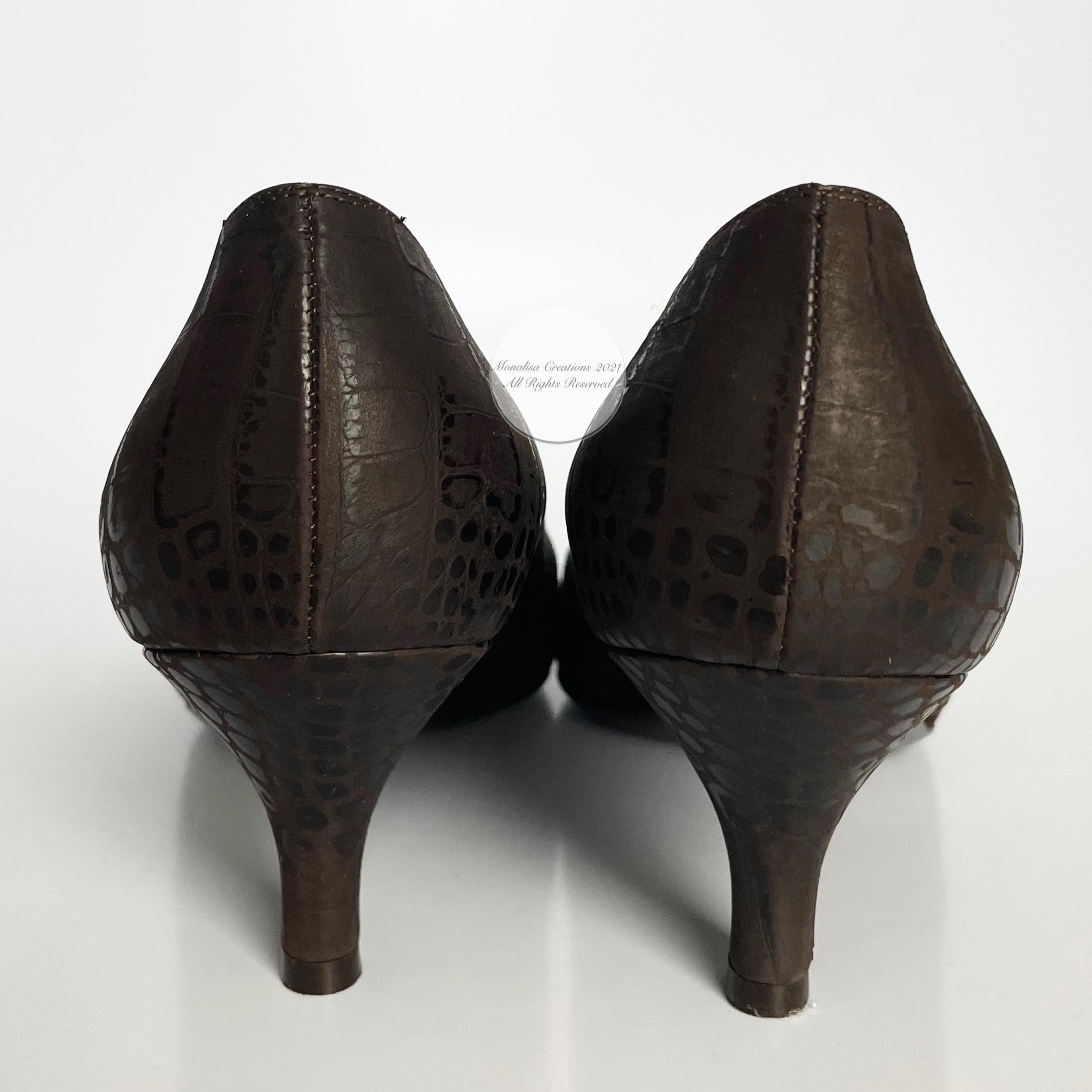 Women's Salvatore Ferragamo Shoes Kitten Heels Suede Croco Stamp 7.5M Vintage 90s