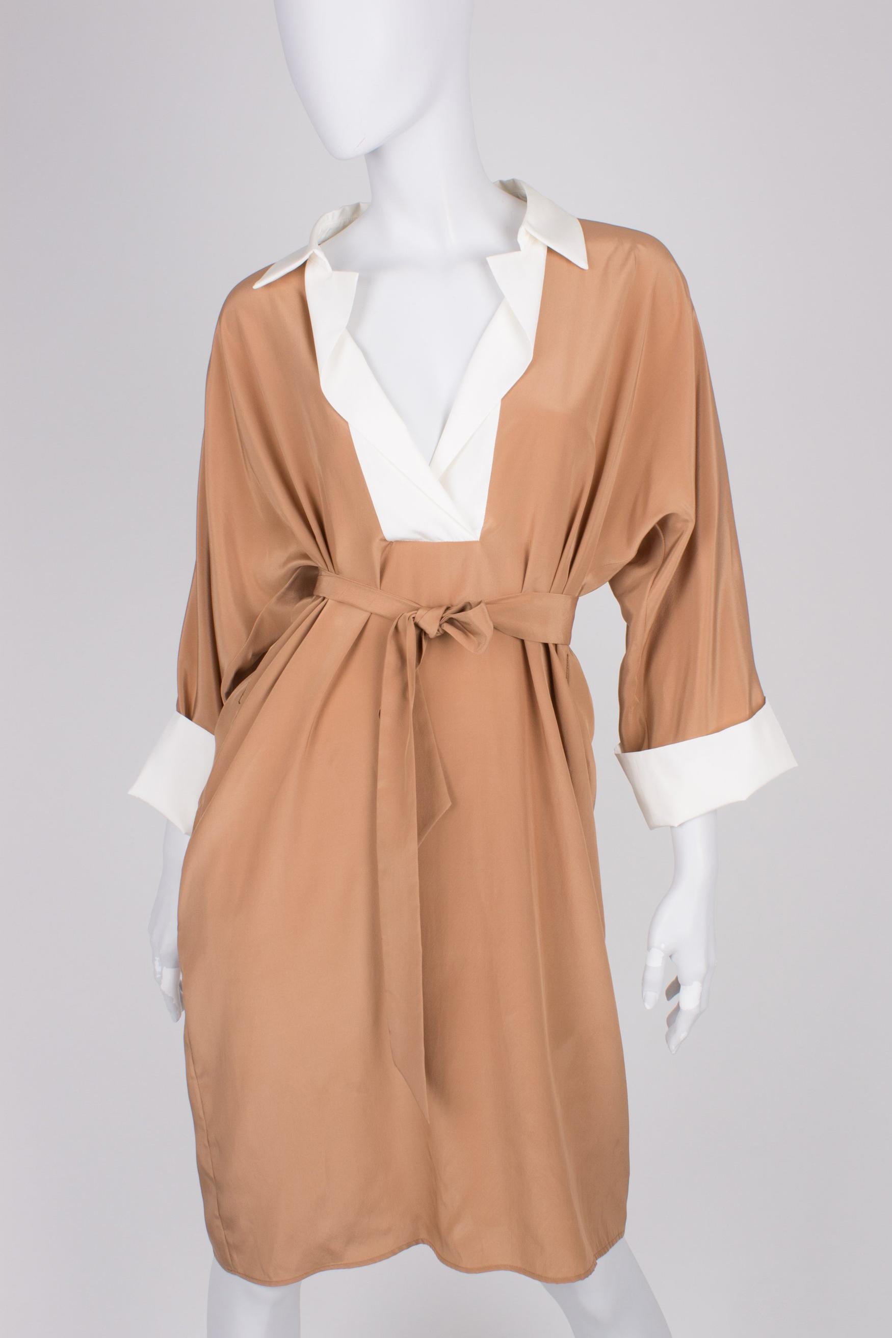 Brown Salvatore Ferragamo Silk Dress - camel/white For Sale