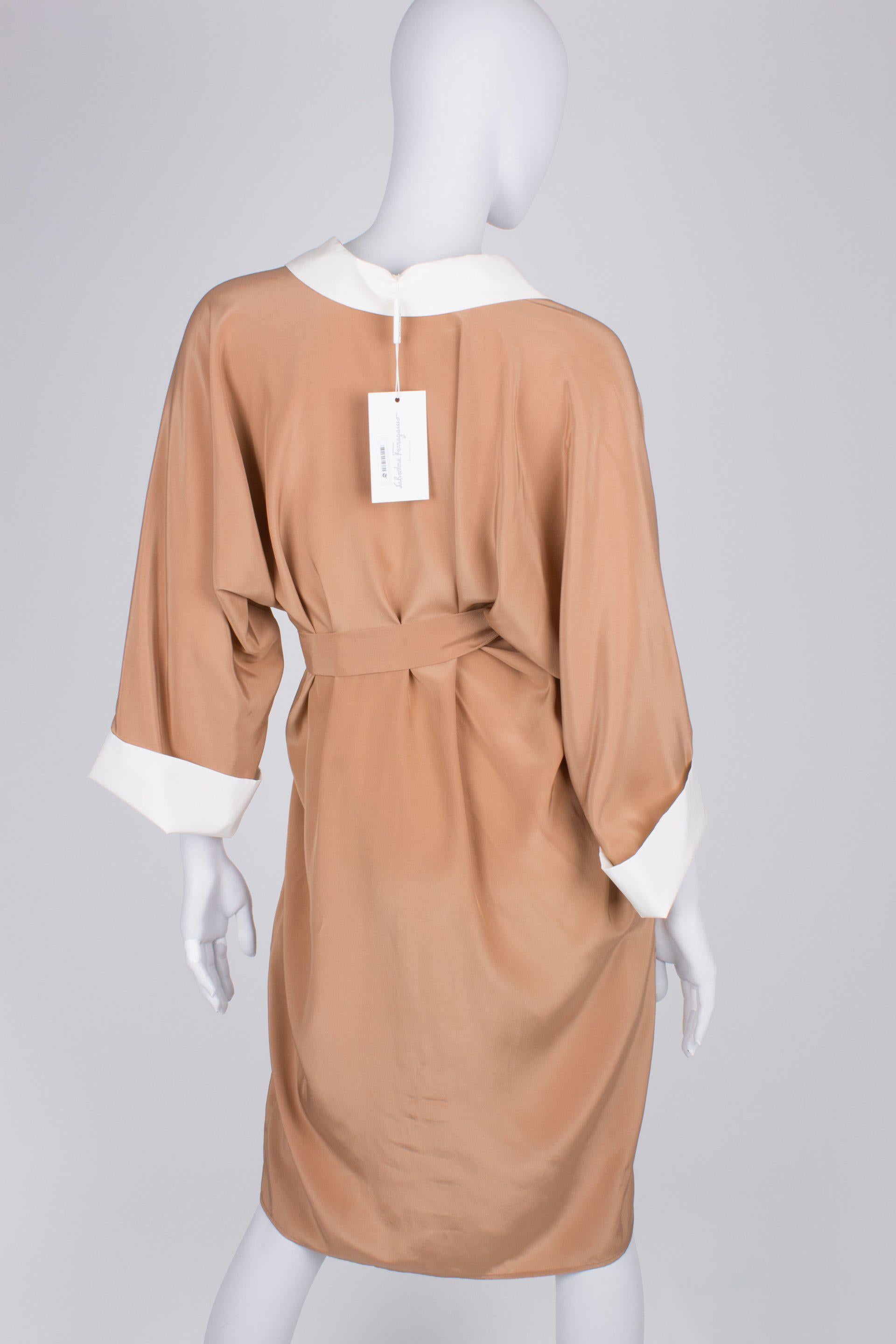 Salvatore Ferragamo Silk Dress - camel/white In New Condition In Baarn, NL