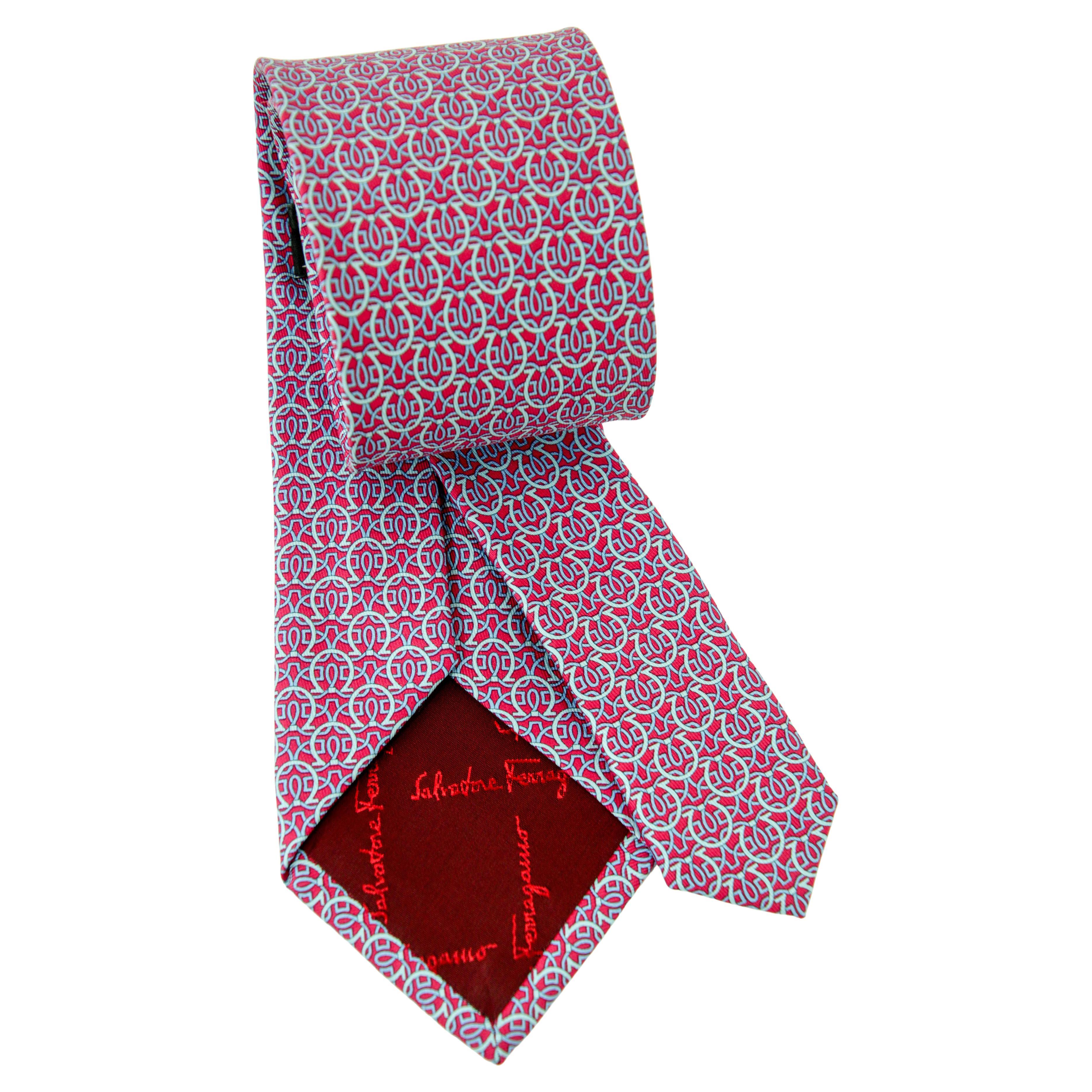 Men's SALVATORE FERRAGAMO Silk Neck Tie Gancini Details Pink and Blue For Sale