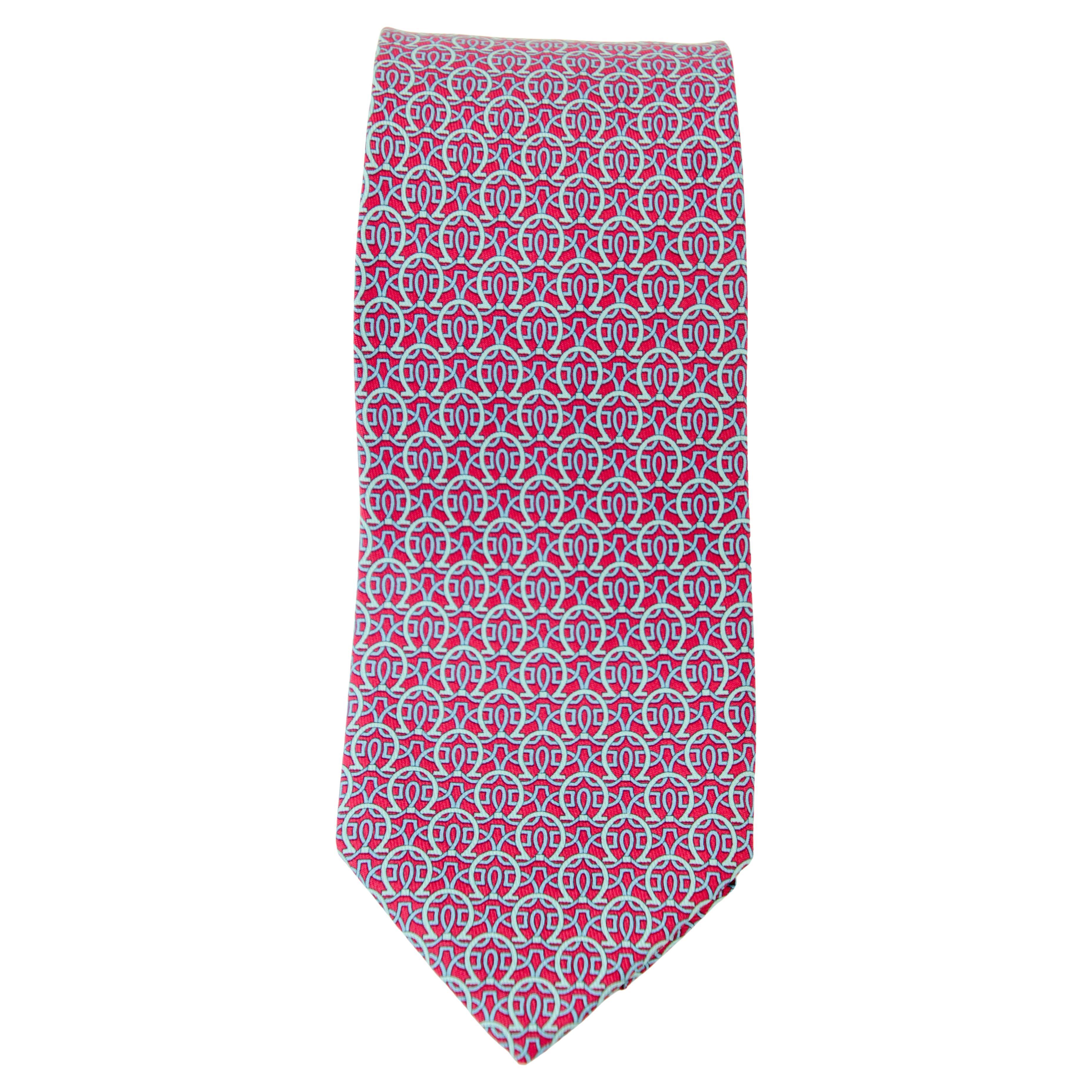 SALVATORE FERRAGAMO Silk Neck Tie Gancini Details Pink and Blue For Sale 1