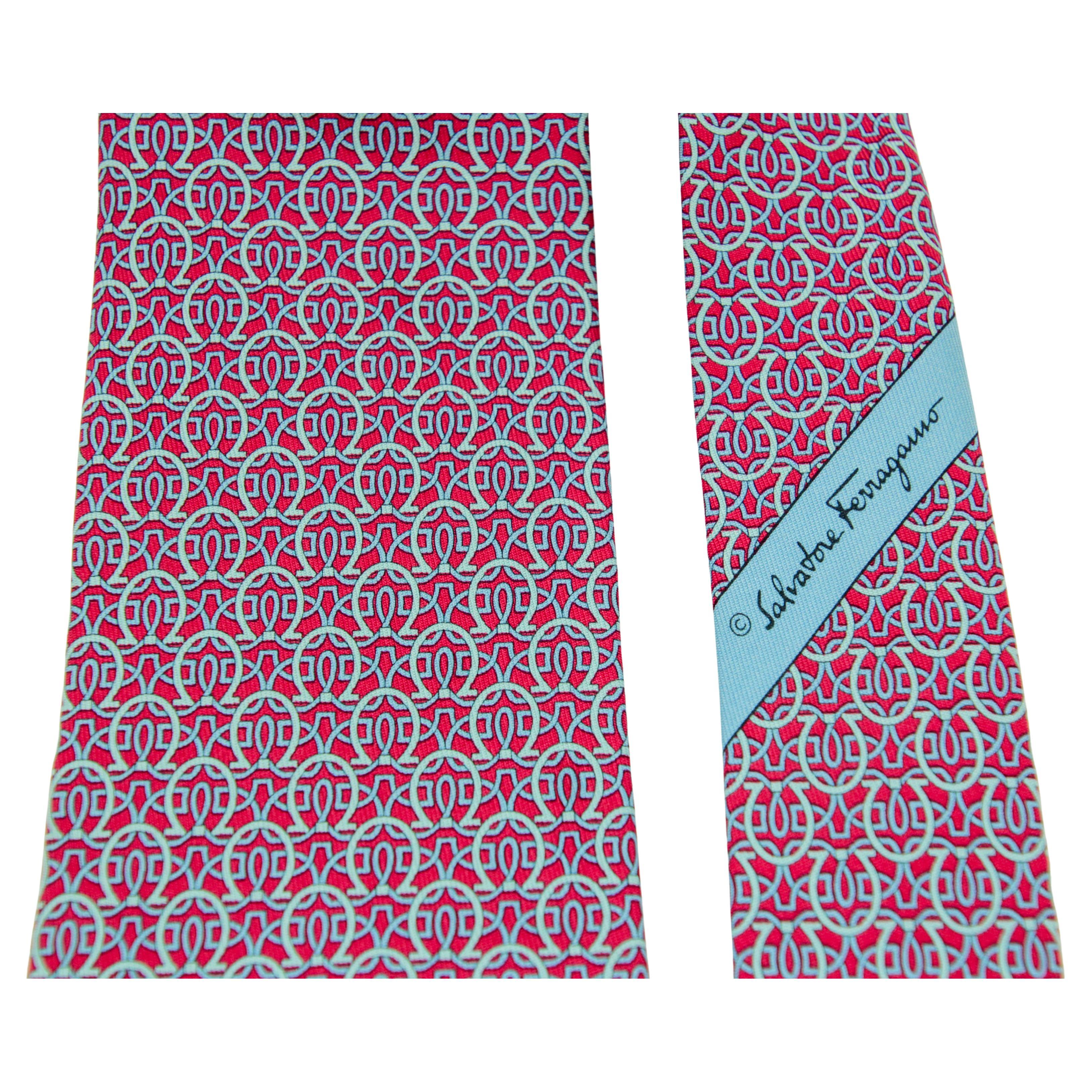 SALVATORE FERRAGAMO Silk Neck Tie Gancini Details Pink and Blue For Sale 2