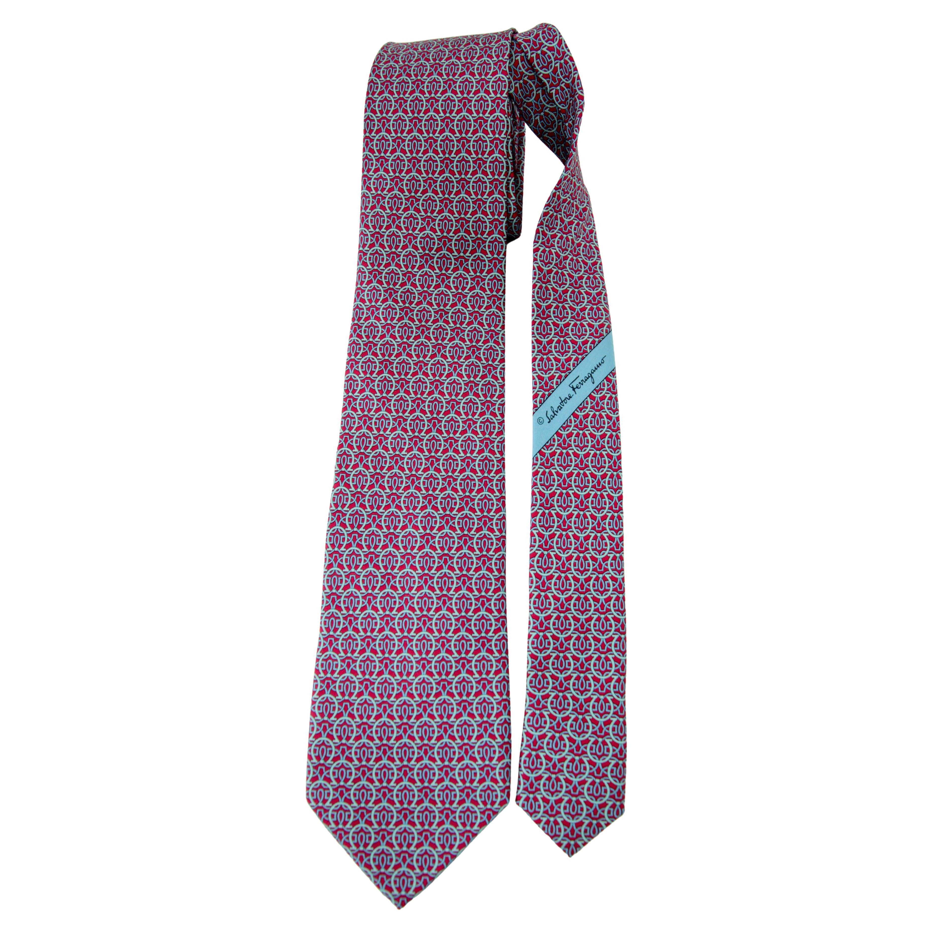 SALVATORE FERRAGAMO Silk Neck Tie Gancini Details Pink and Blue For Sale 3