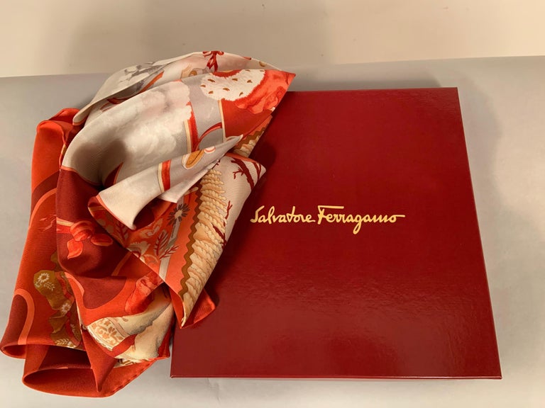 Salvatore Ferragamo Silk Scarf New in Box 19th Century Sleigh and Costume  Theme For Sale at 1stDibs
