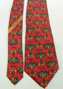 SALVATORE FERRAGAMO Silk Tie Red Gold Blue Horses and Soldiers Made in Italy