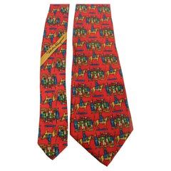 SALVATORE FERRAGAMO Silk Tie Red Gold Blue Horses and Soldiers Made in Italy