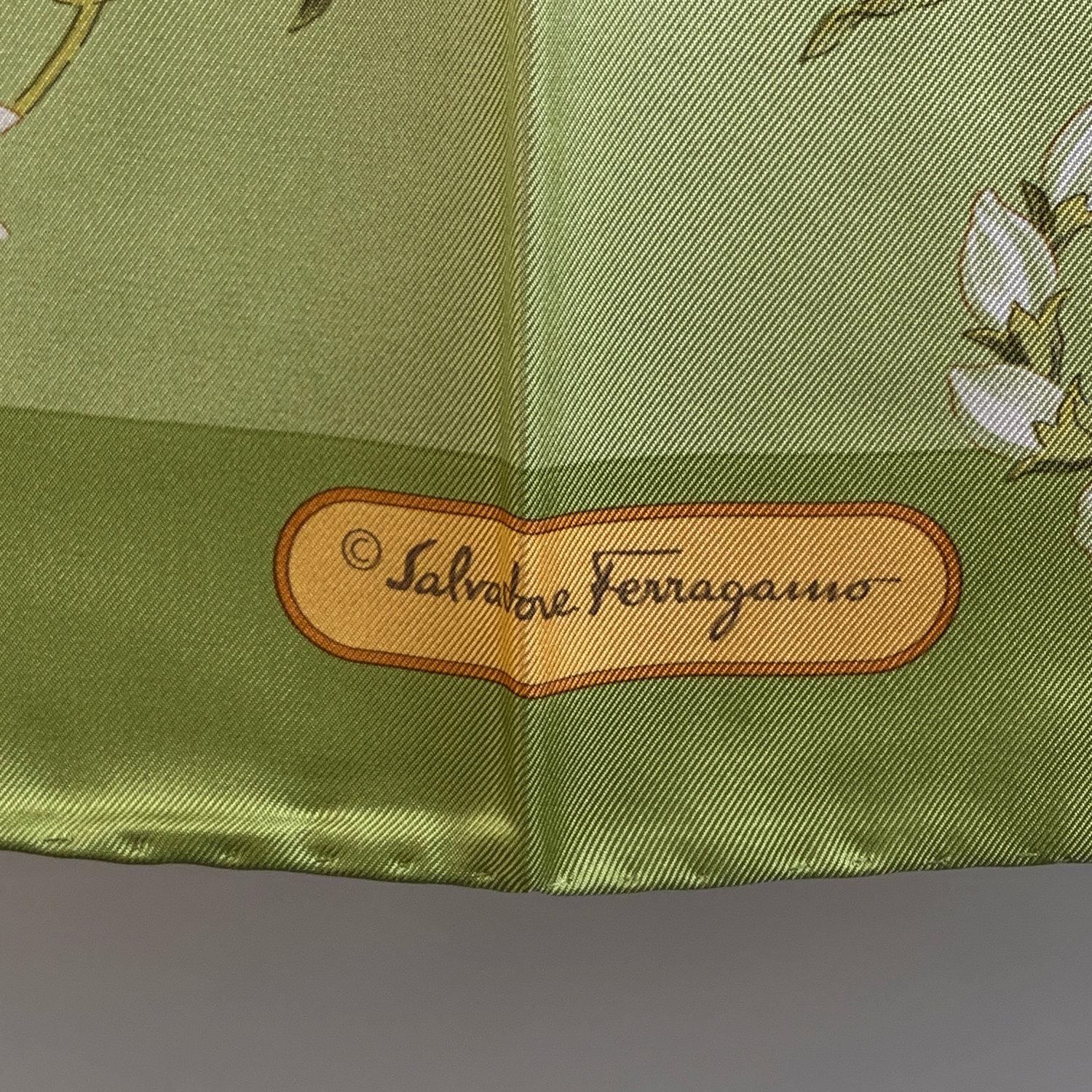 Salvatore Ferragamo Silk Vintage Scarf Green Floral Peony Design In Excellent Condition In Rome, Rome