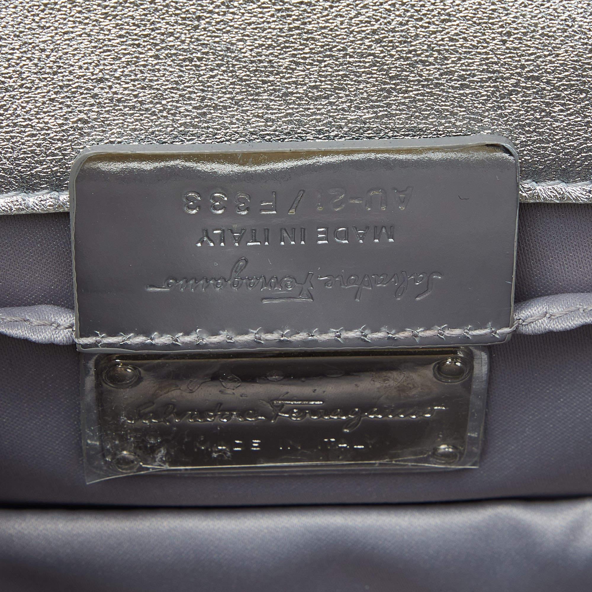 Salvatore Ferragamo Silver Glitter and Laminated Leather Top Handle Bag 7