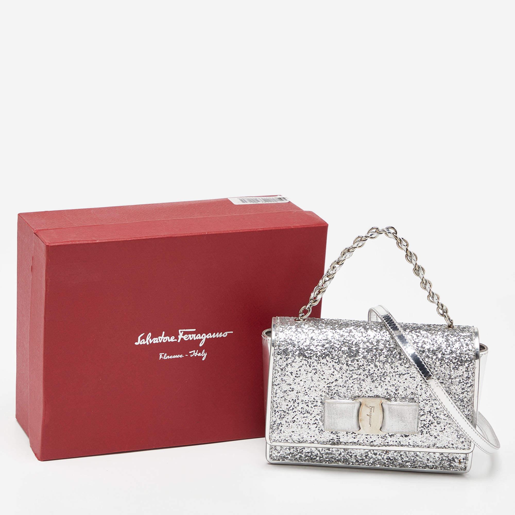Salvatore Ferragamo Silver Glitter and Laminated Leather Top Handle Bag 9