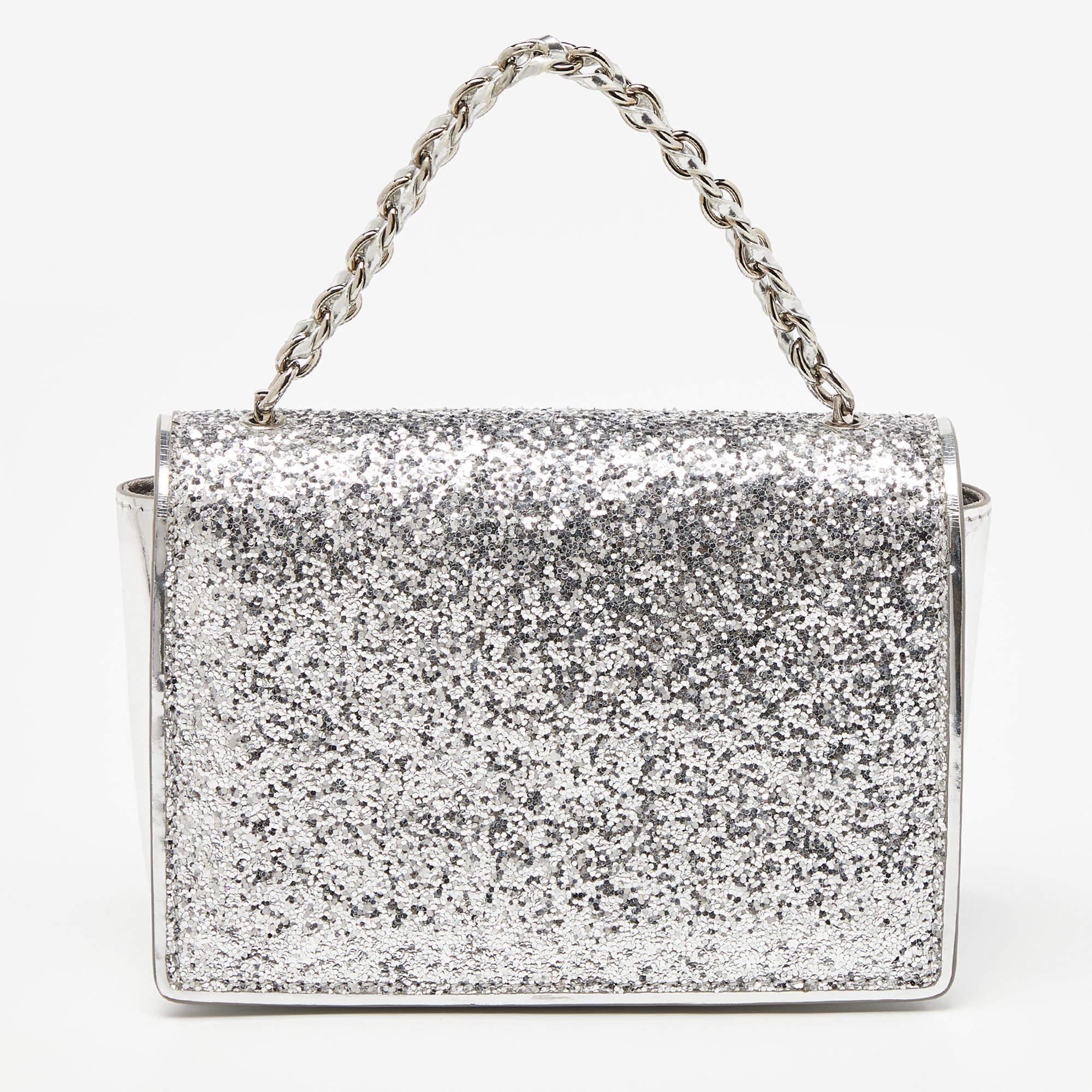 Salvatore Ferragamo Silver Glitter and Laminated Leather Top Handle Bag 1