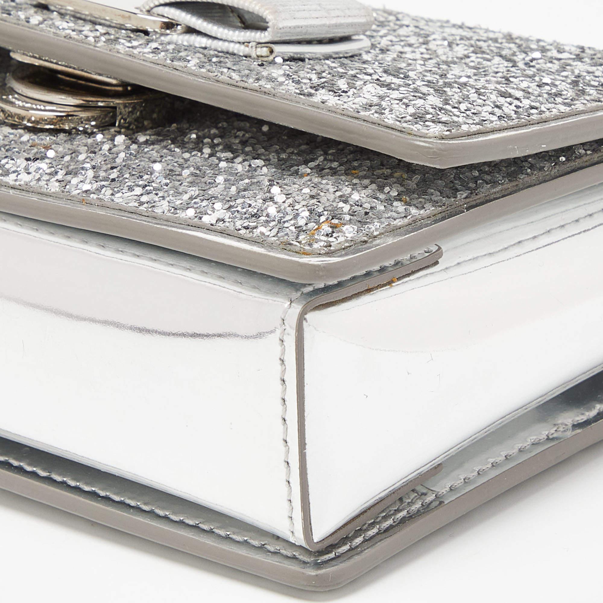 Salvatore Ferragamo Silver Glitter and Laminated Leather Top Handle Bag 2